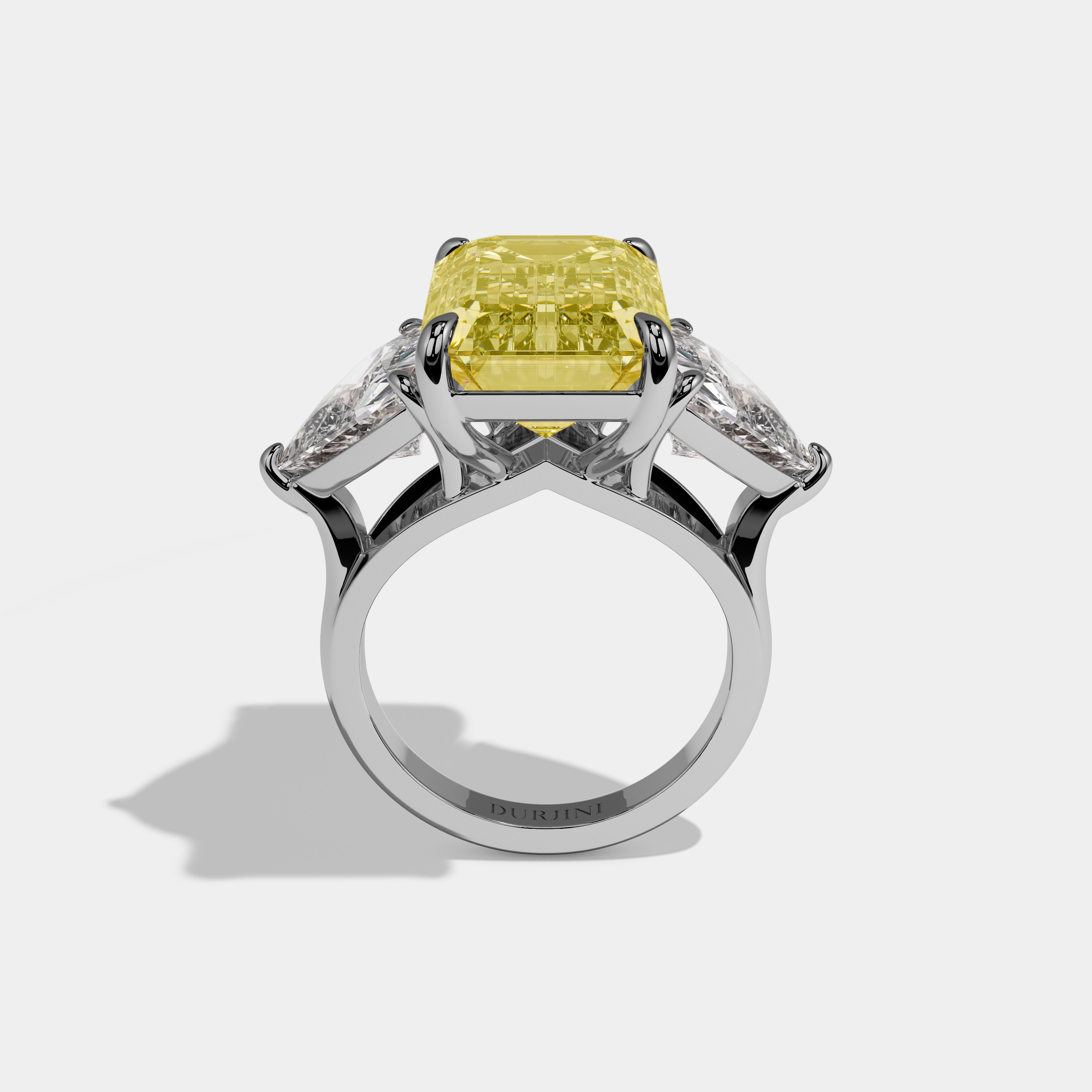 Sophia Fancy Yellow Emerald Cut Diamond Plain Band With Trillion Sides Engagement Ring 10ct 18k White Gold