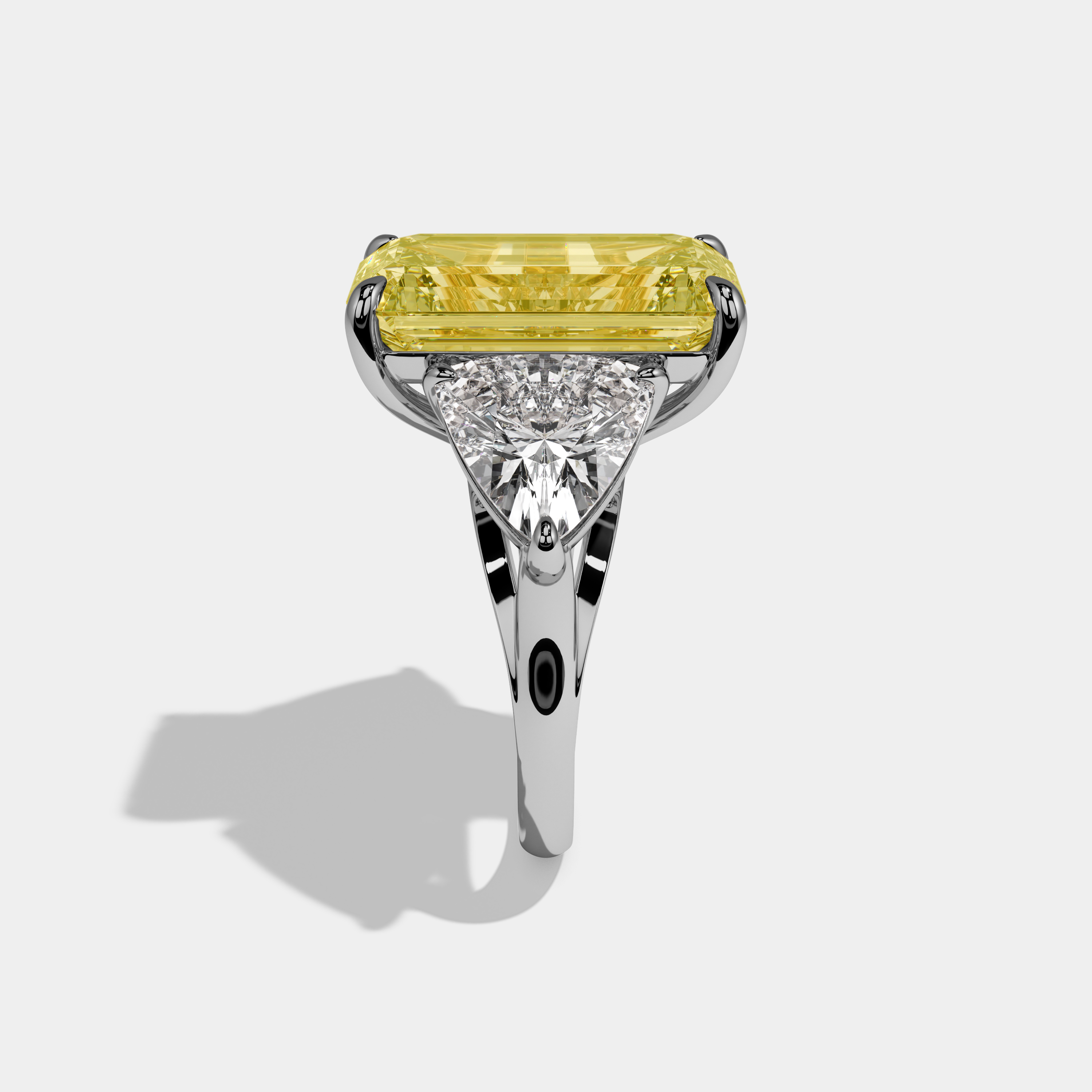 Sophia Fancy Yellow Emerald Cut Diamond Plain Band With Trillion Sides Engagement Ring 10ct 18k White Gold