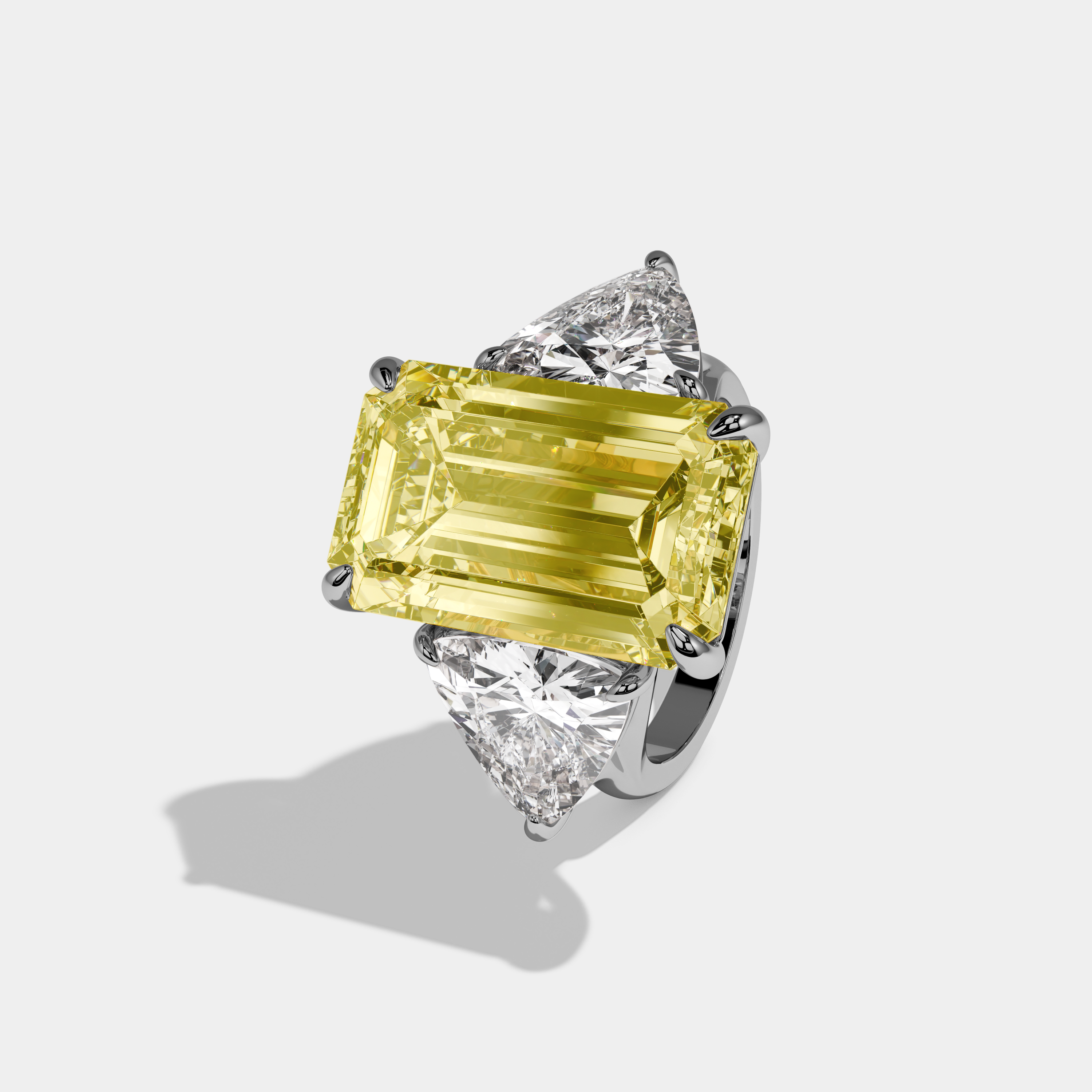 Sophia Fancy Yellow Emerald Cut Diamond Plain Band With Trillion Sides Engagement Ring 10ct 18k White Gold