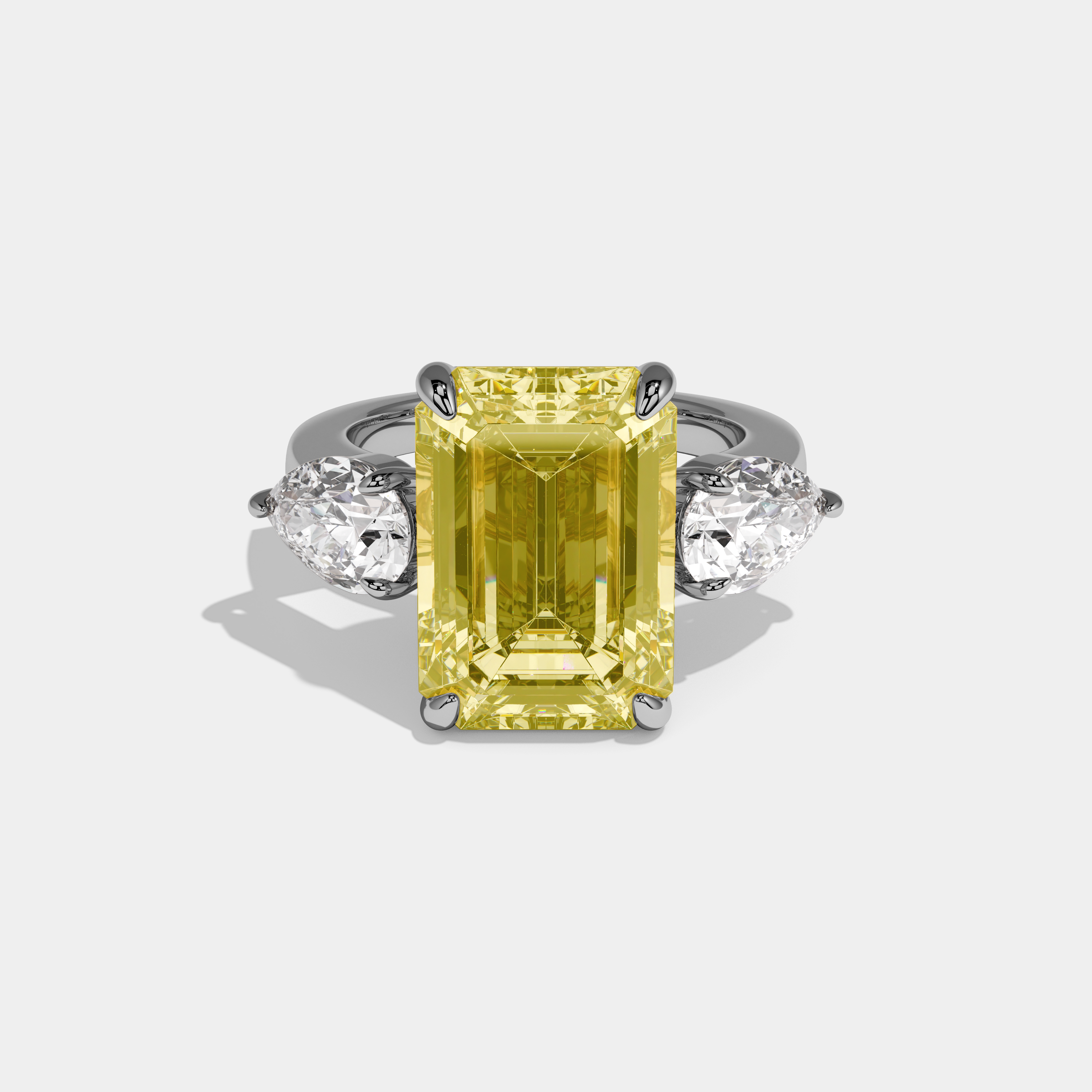 Amelia Fancy Yellow Emerald Cut Diamond Plain Band With Pear Sides Engagement Ring 8ct 18k White Gold