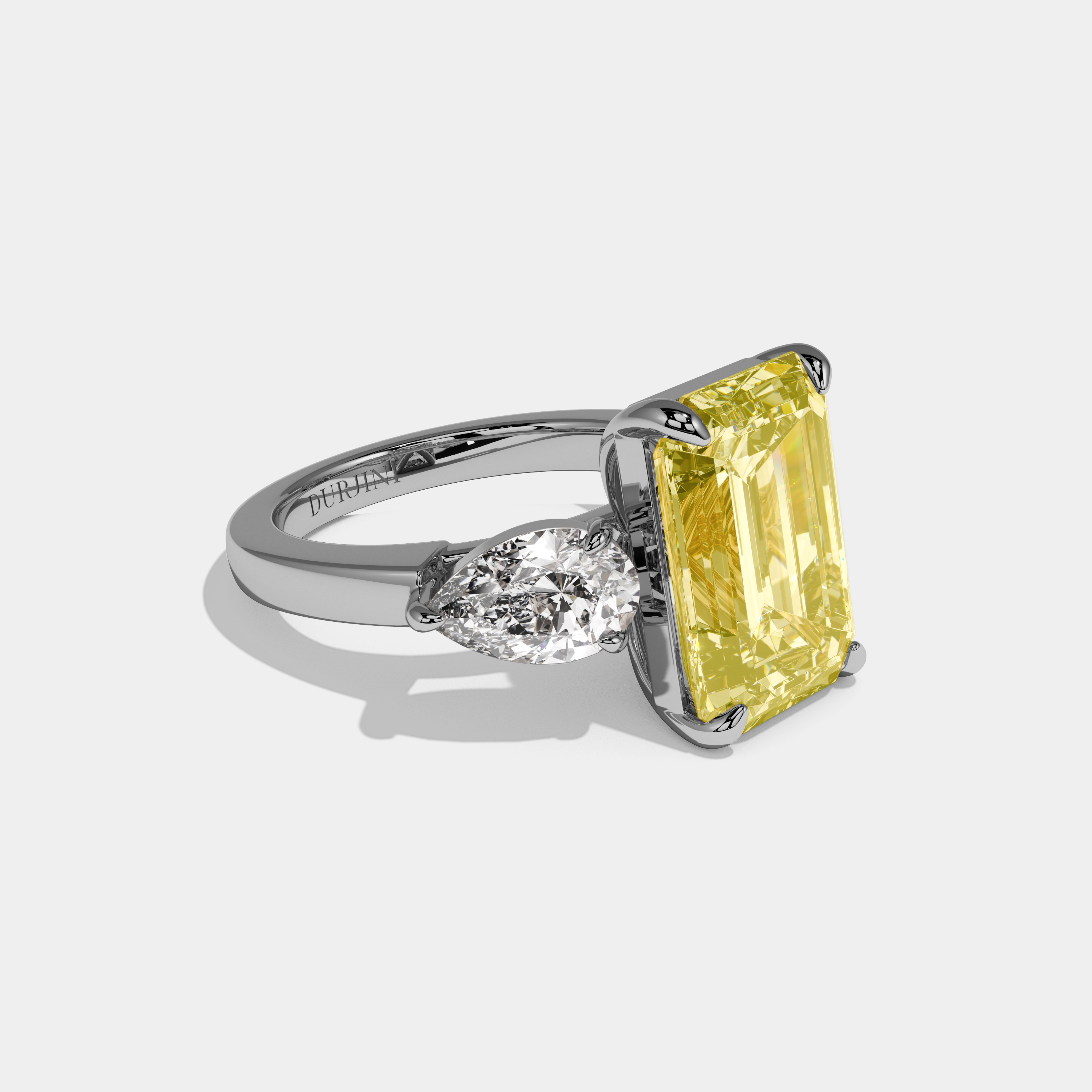 Amelia Fancy Yellow Emerald Cut Diamond Plain Band With Pear Sides Engagement Ring 8ct 18k White Gold