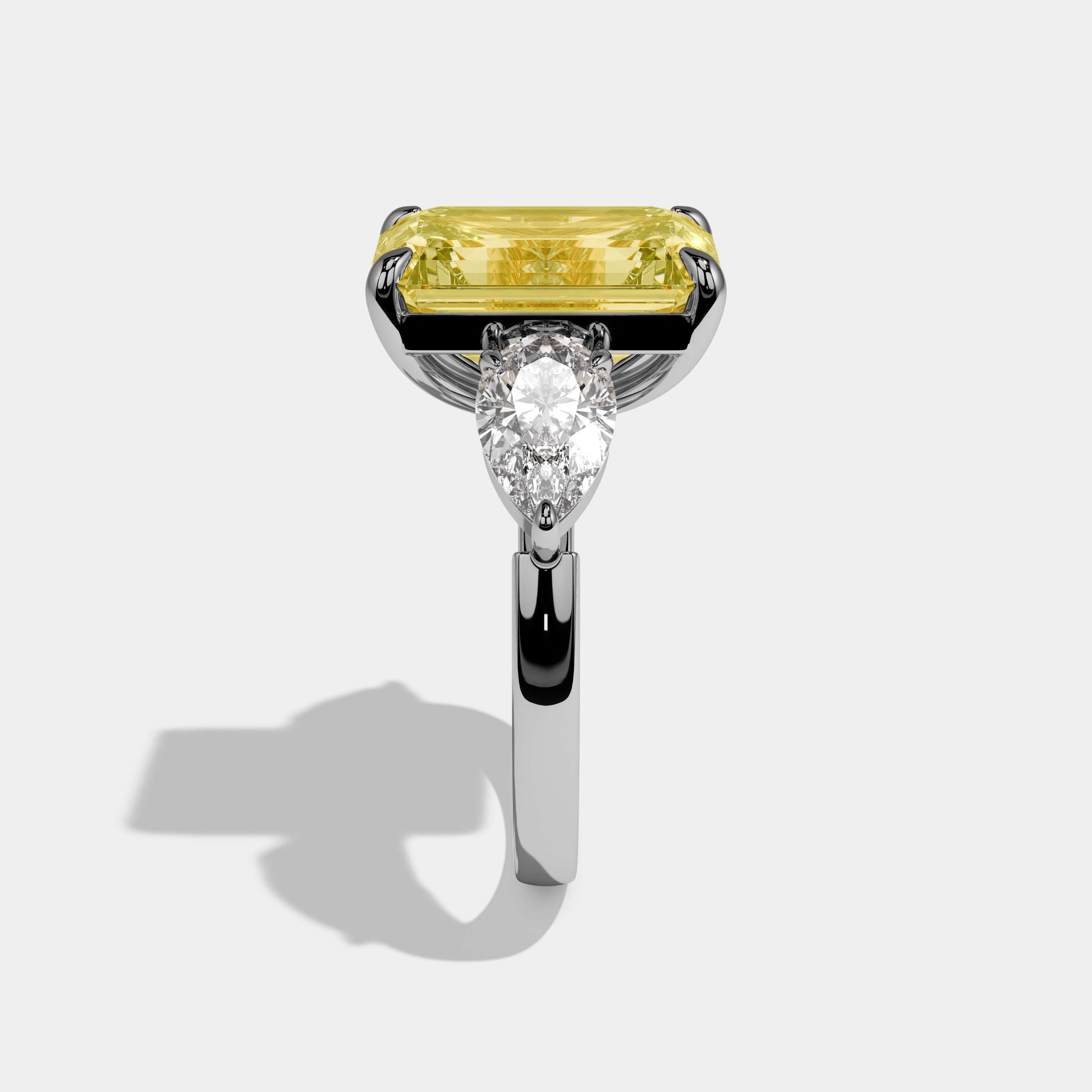 Amelia Fancy Yellow Emerald Cut Diamond Plain Band With Pear Sides Engagement Ring 8ct 18k White Gold