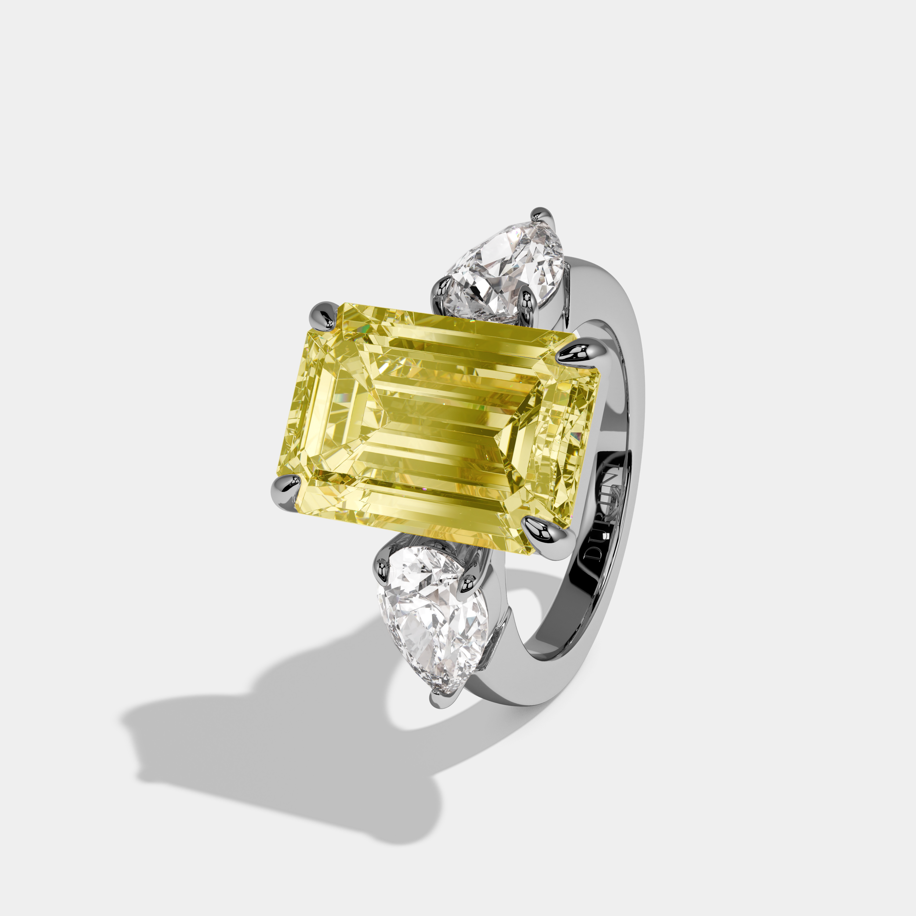 Amelia Fancy Yellow Emerald Cut Diamond Plain Band With Pear Sides Engagement Ring 8ct 18k White Gold