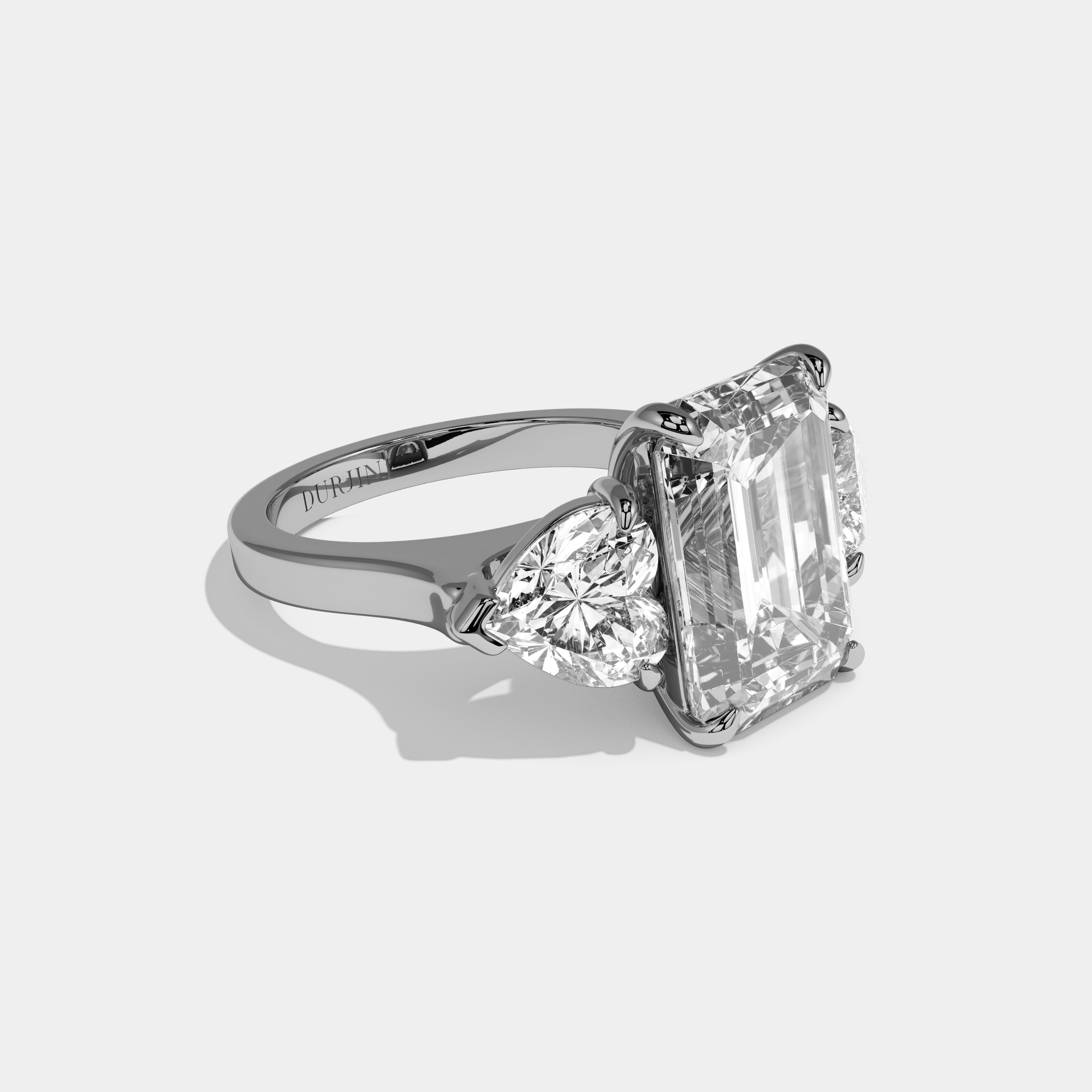 Eleanor Emerald Cut Diamond Plain Band With Heart Brilliant Sides Engagement Ring 10ct 18k White Gold