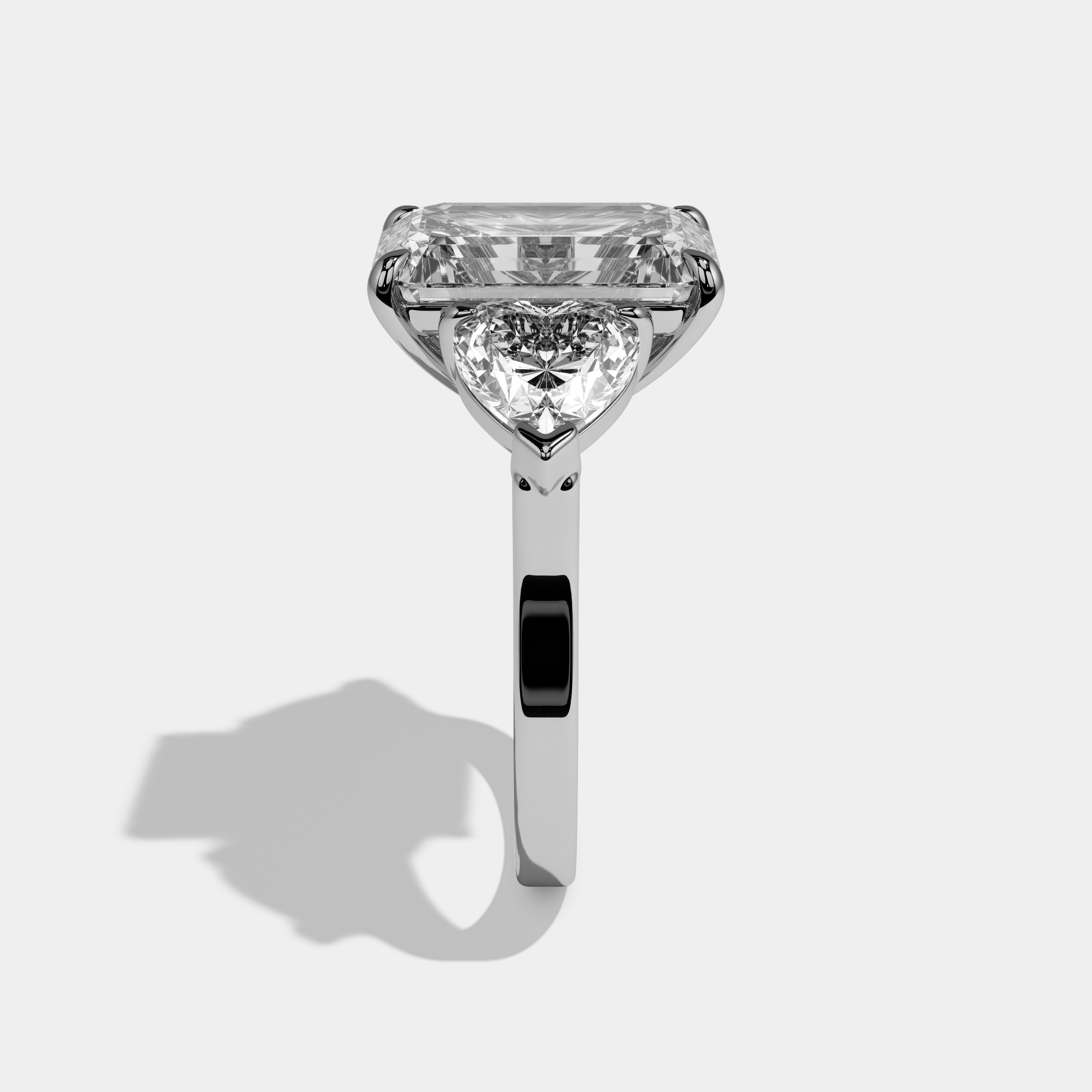 Eleanor Emerald Cut Diamond Plain Band With Heart Brilliant Sides Engagement Ring 10ct 18k White Gold