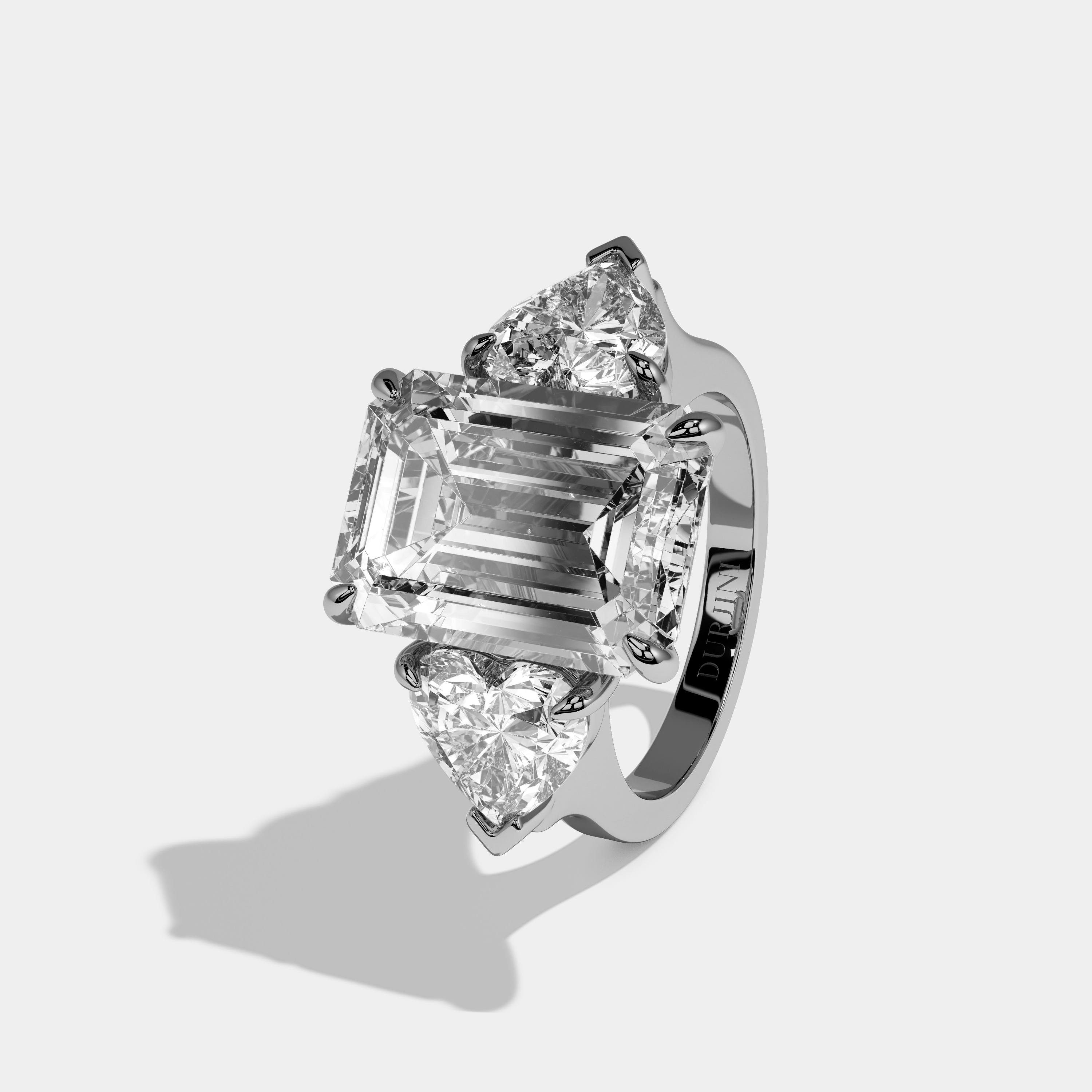 Eleanor Emerald Cut Diamond Plain Band With Heart Brilliant Sides Engagement Ring 10ct 18k White Gold