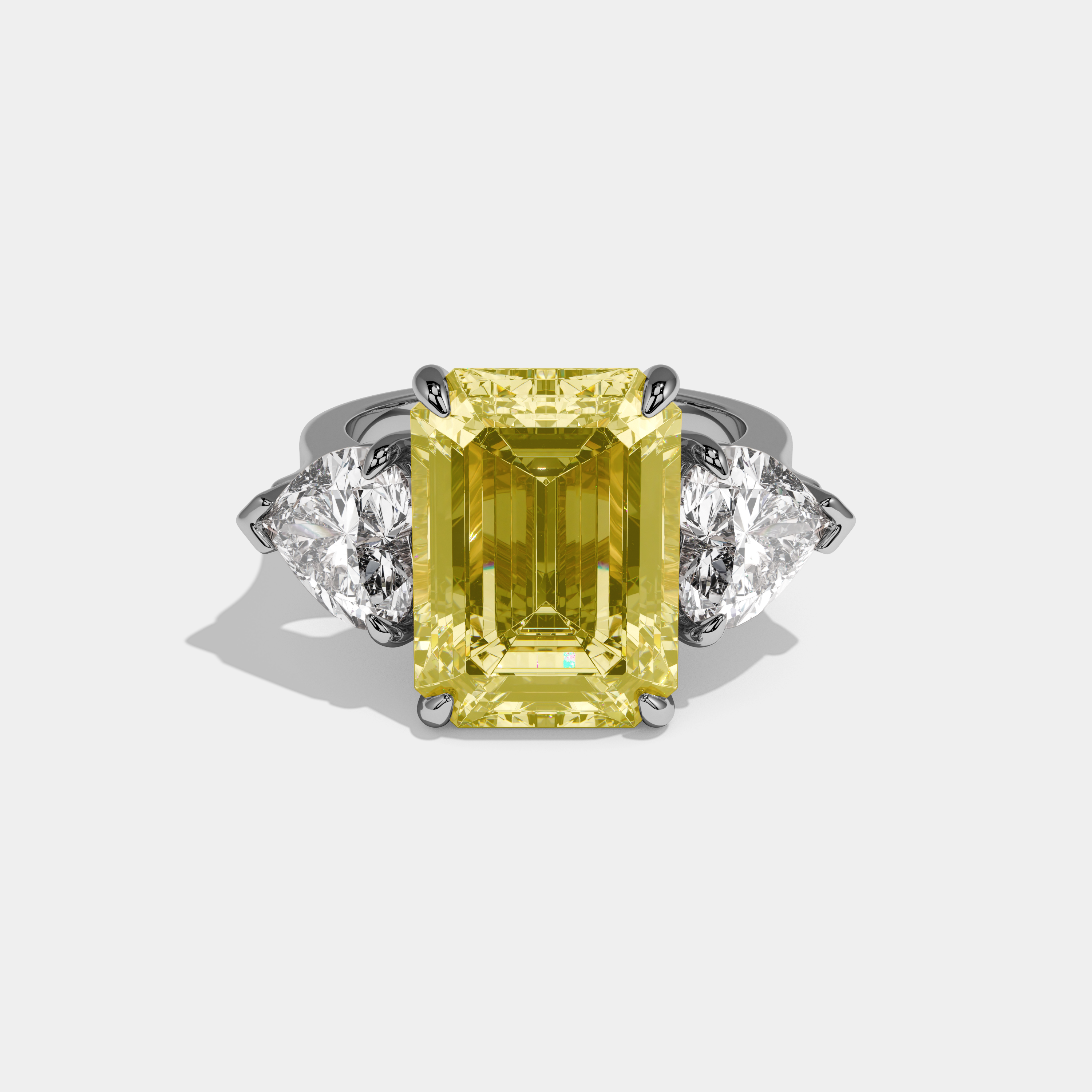 Eleanor Fancy Yellow Emerald Cut Diamond Plain Band With Heart Brilliant Sides Engagement Ring 10ct 18k White Gold