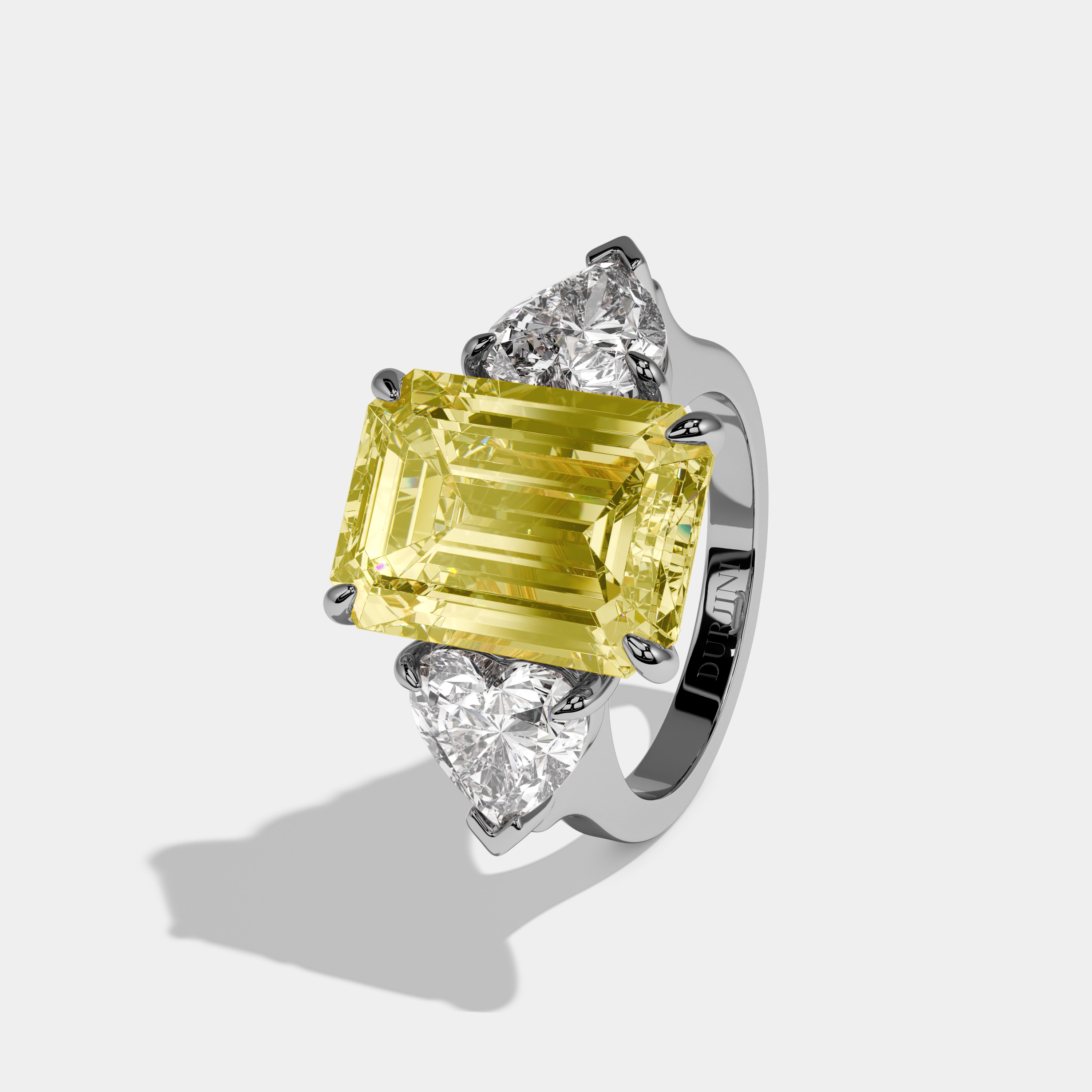Eleanor Fancy Yellow Emerald Cut Diamond Plain Band With Heart Brilliant Sides Engagement Ring 10ct 18k White Gold