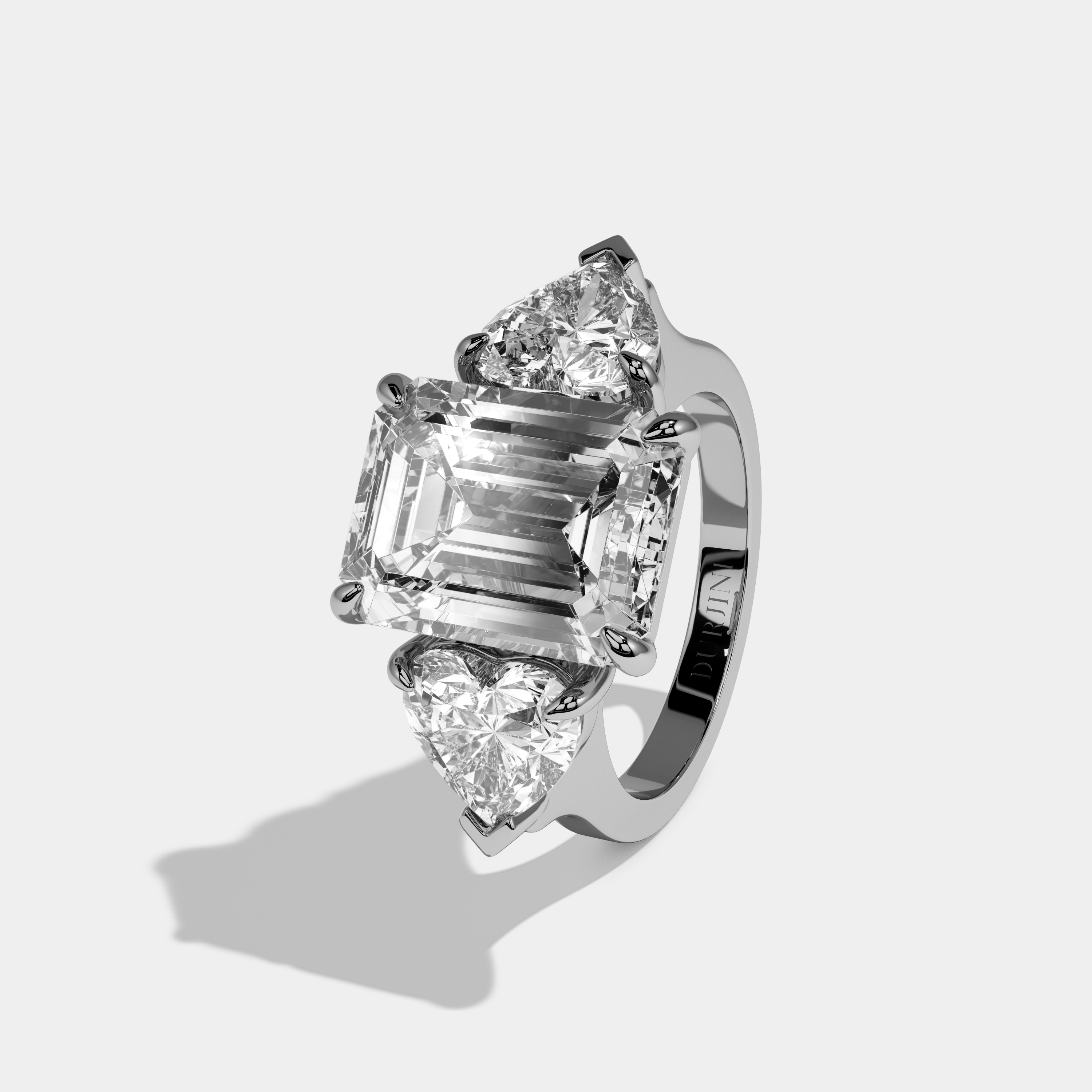 Imogen Emerald Cut Diamond Plain Band With Heart Sides Engagement Ring 10ct 18k White Gold