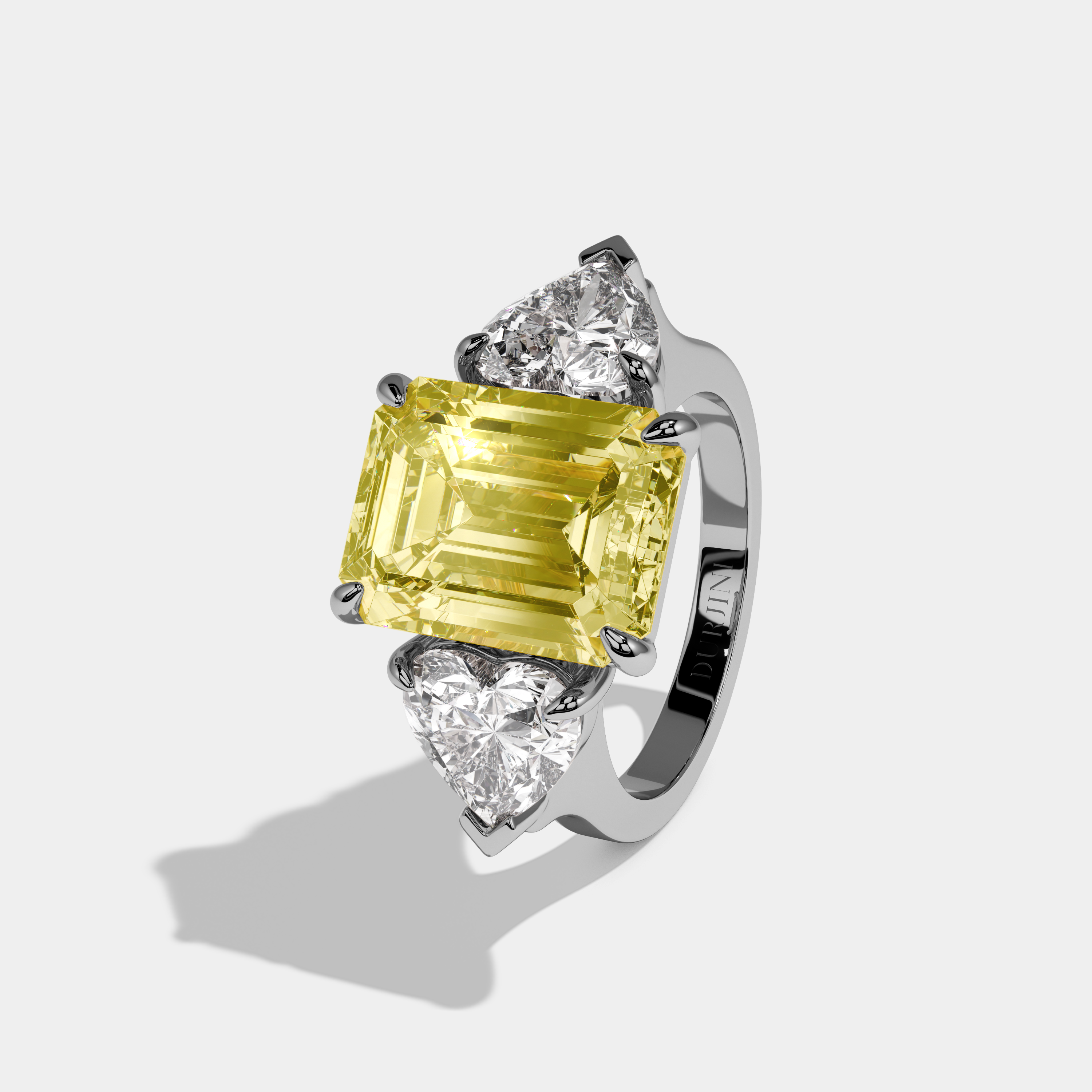 Imogen Fancy Yellow Emerald Cut Diamond Plain Band With Heart Sides Engagement Ring 10ct 18k White Gold