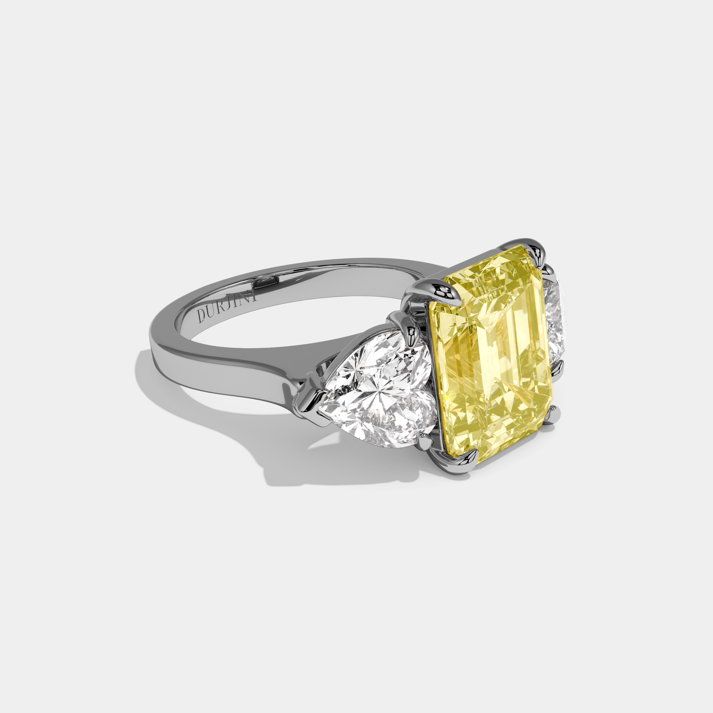 Juliet Fancy Yellow Emerald Cut Diamond Plain Band With Heart Brilliant Sides Engagement Ring 8ct 18k White Gold