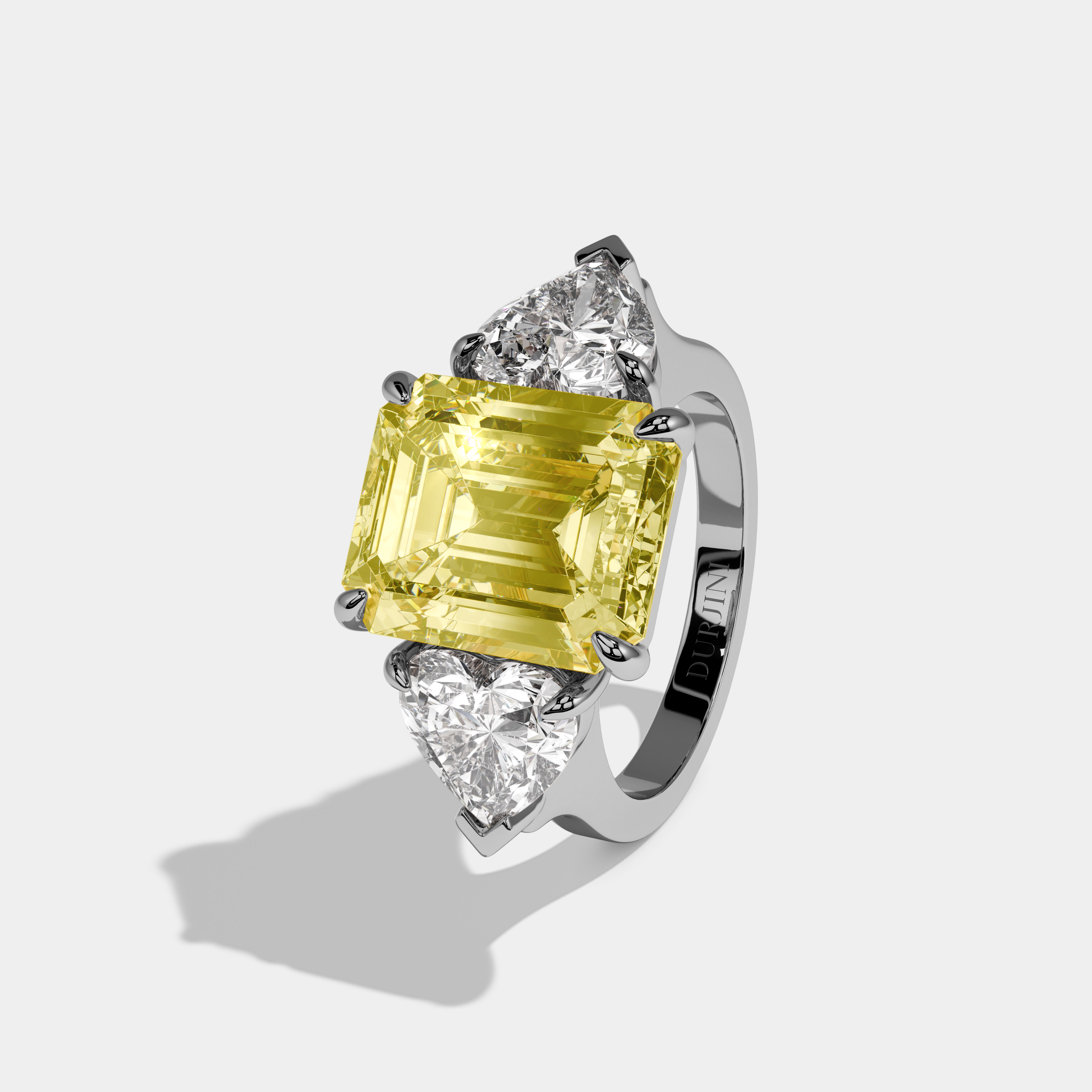 Juliet Fancy Yellow Emerald Cut Diamond Plain Band With Heart Brilliant Sides Engagement Ring 8ct 18k White Gold