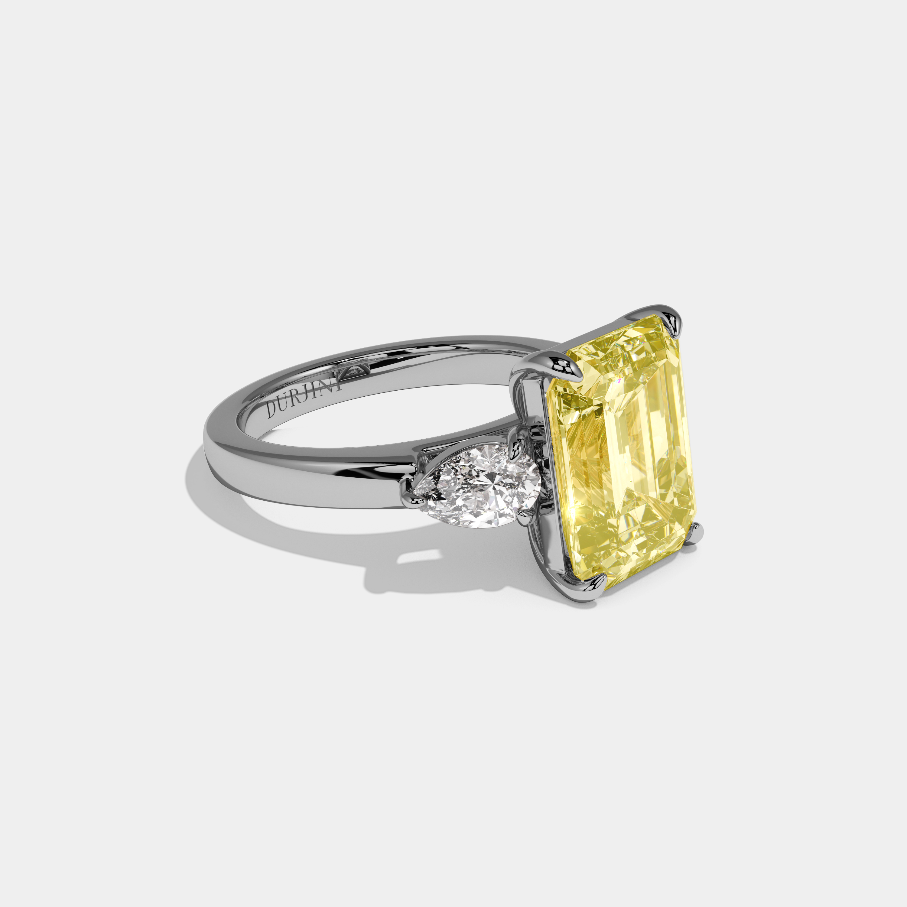 Francesca Fancy Yellow Emerald Cut Diamond Plain Band With Pear Brilliant Sides Engagement Ring 8ct 18k White Gold