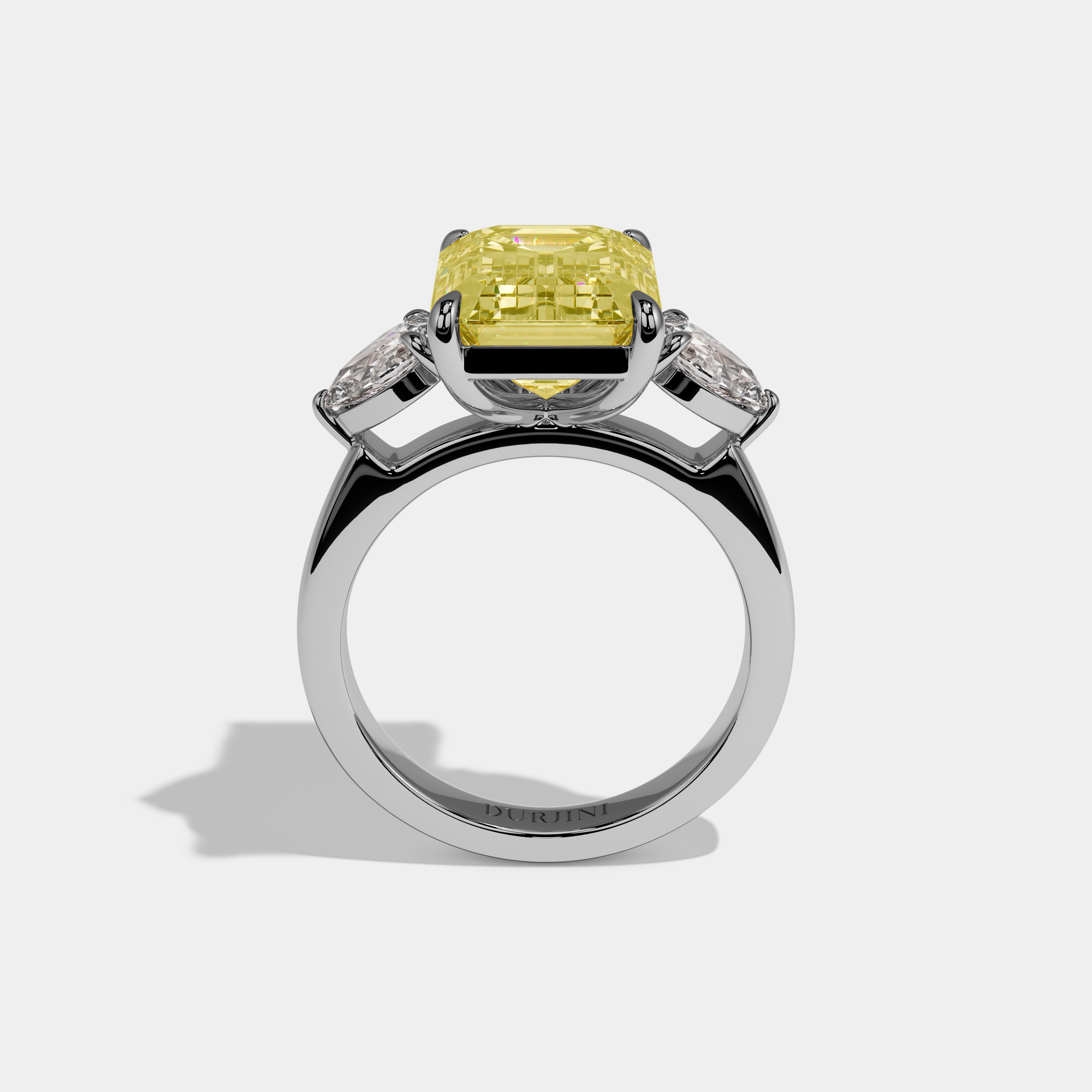 Francesca Fancy Yellow Emerald Cut Diamond Plain Band With Pear Brilliant Sides Engagement Ring 8ct 18k White Gold