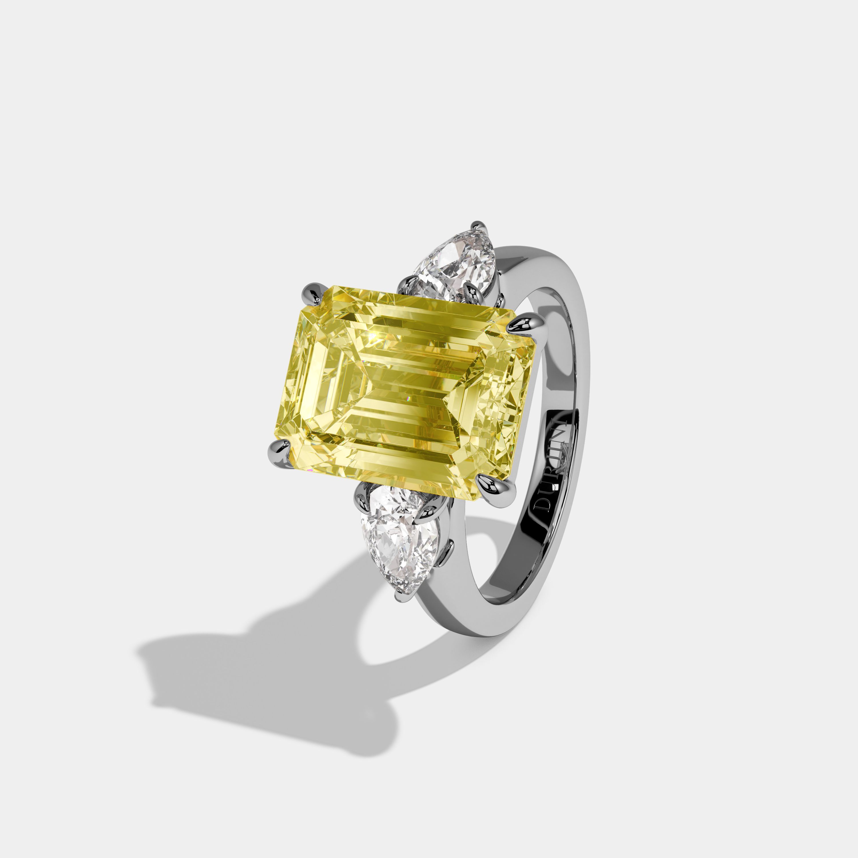 Francesca Fancy Yellow Emerald Cut Diamond Plain Band With Pear Brilliant Sides Engagement Ring 8ct 18k White Gold