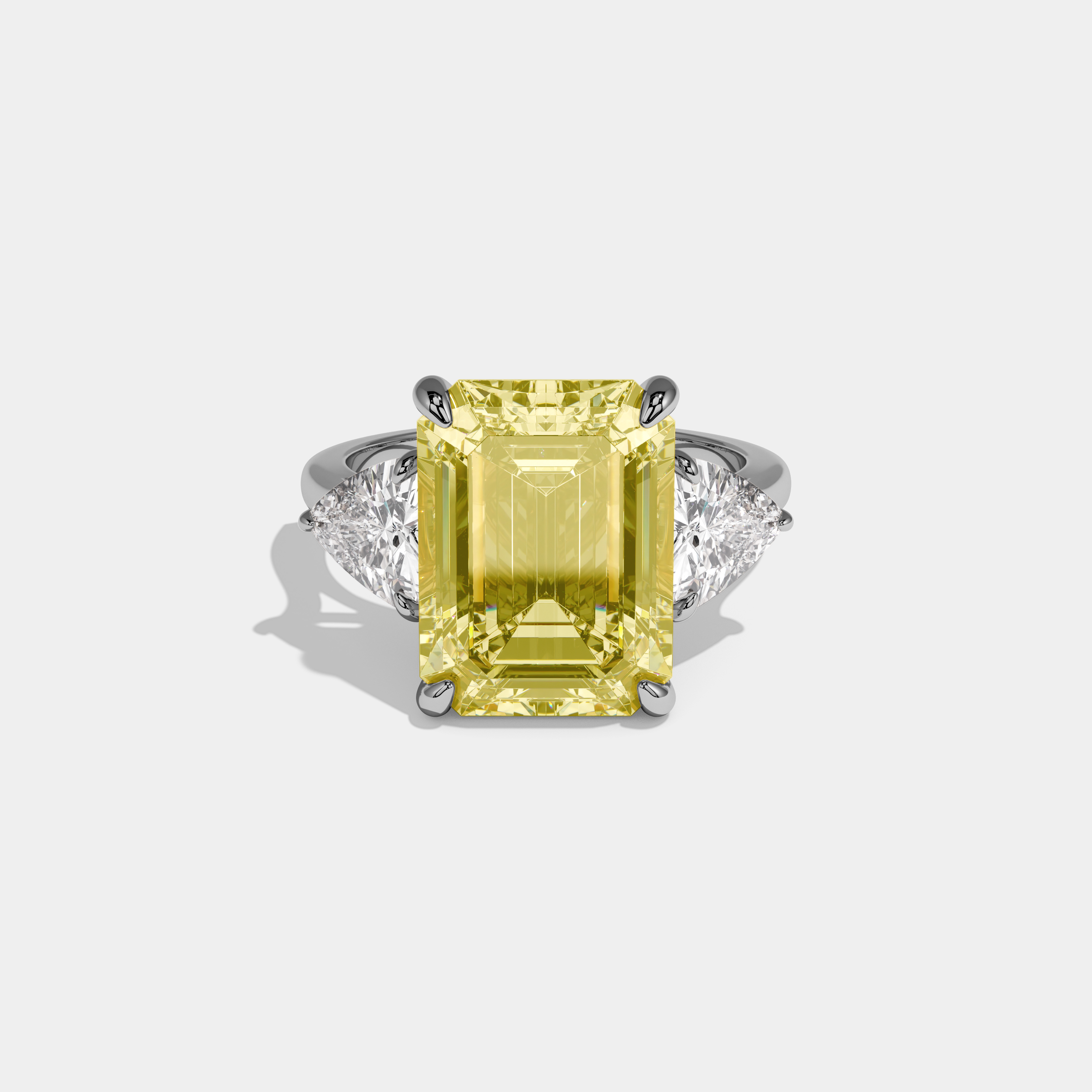 Vivoria Fancy Yellow Emerald Cut Diamond Plain Band With Trillion Sides Engagement Ring 8ct 18k White Gold