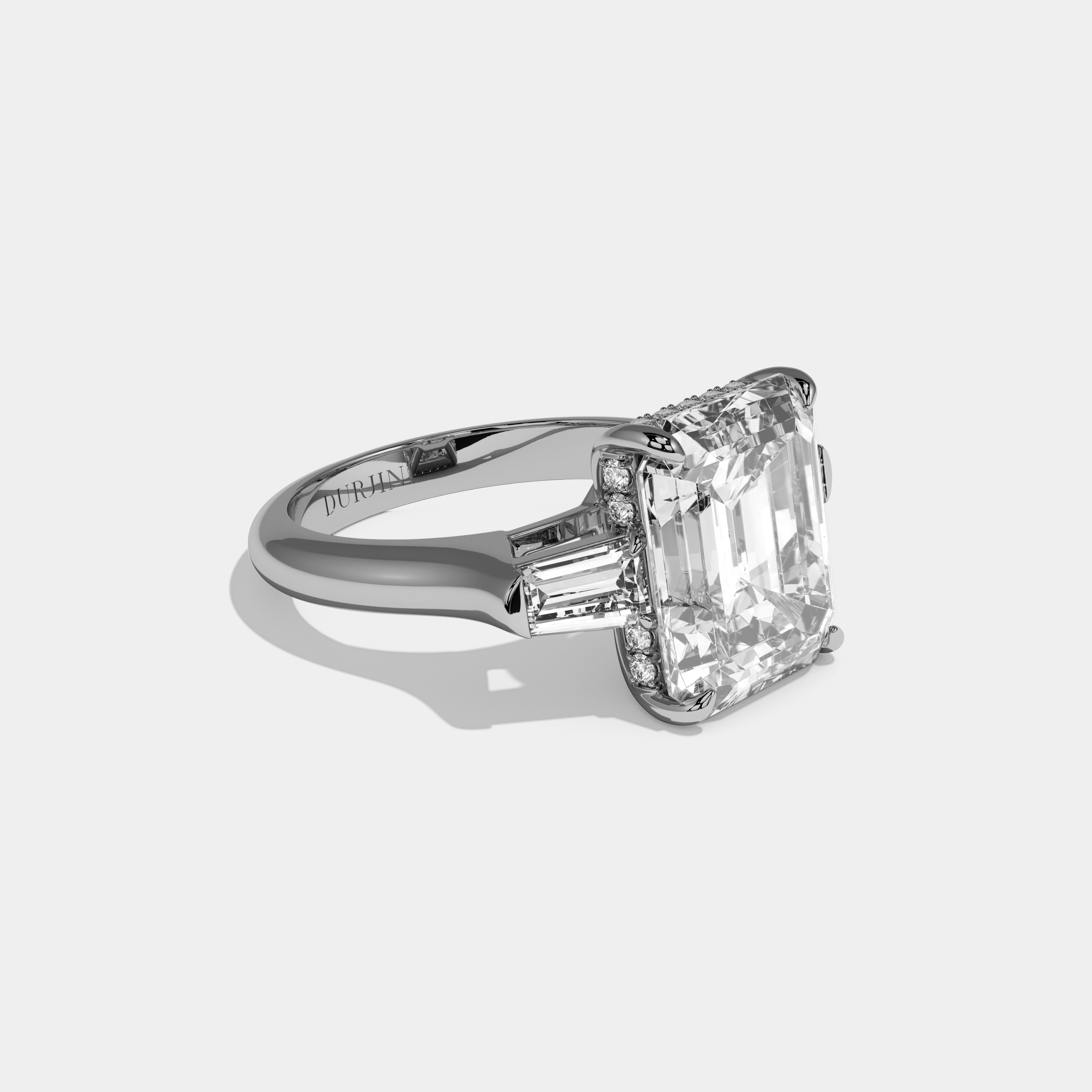 Astrelia Emerald Cut Diamond Plain Band With Baguette Sides Engagement Ring 8ct 18k White Gold