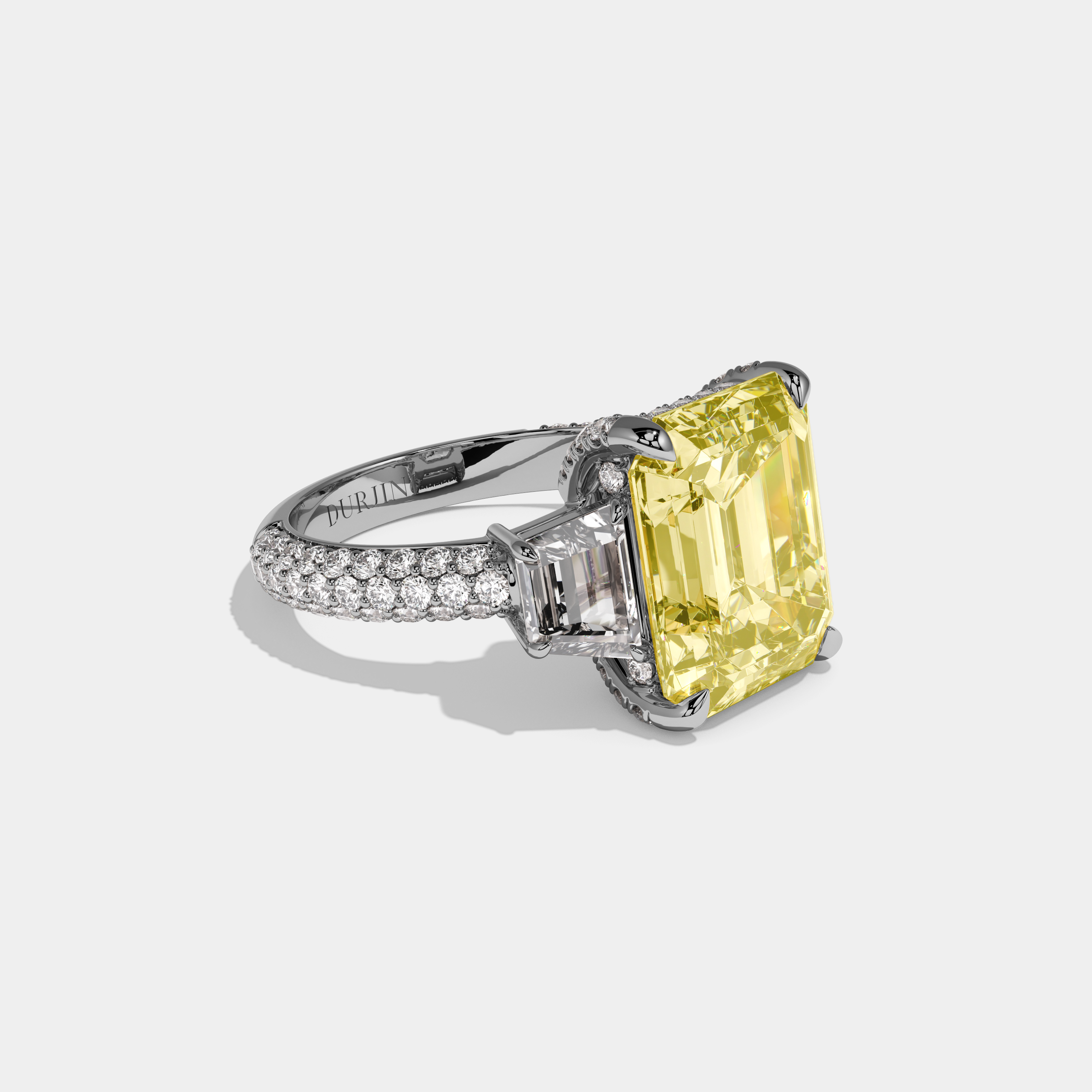 Aurabelle Fancy Yellow Emerald Cut Diamond Band With Quad Cut Sides Engagement Ring 12ct 18k White Gold