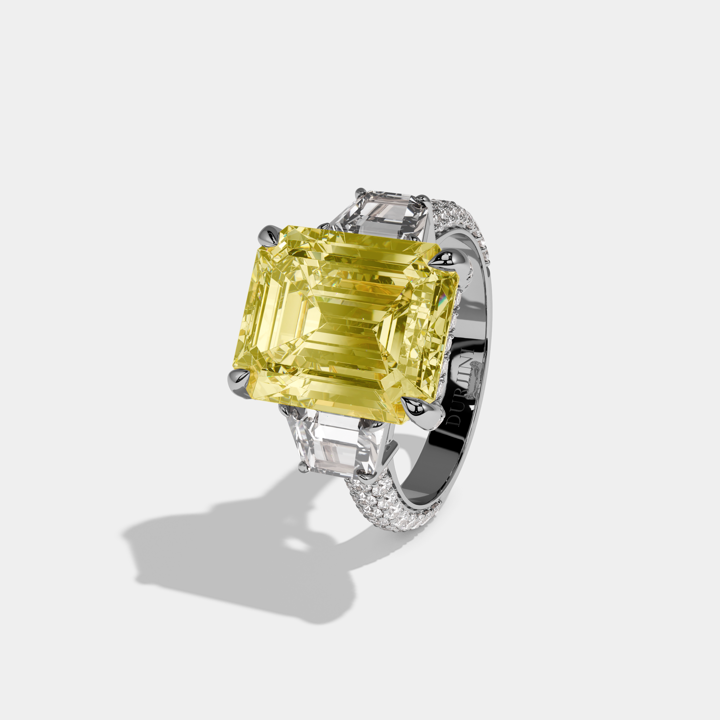 Aurabelle Fancy Yellow Emerald Cut Diamond Band With Quad Cut Sides Engagement Ring 12ct 18k White Gold