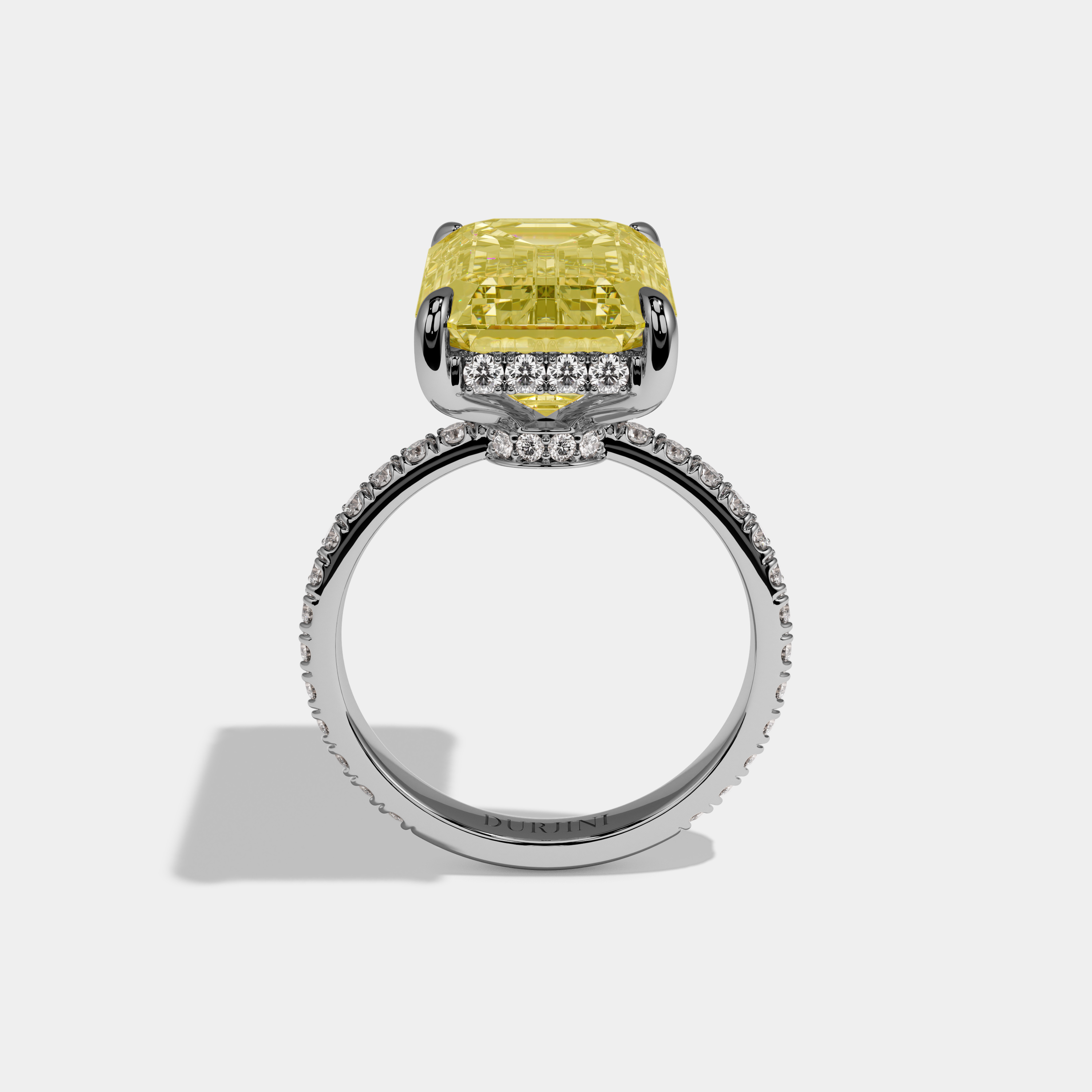 Matilda Fancy Yellow Emerald Cut Diamond Band Hidden Halo Engagement Ring 12ct 18k White Gold