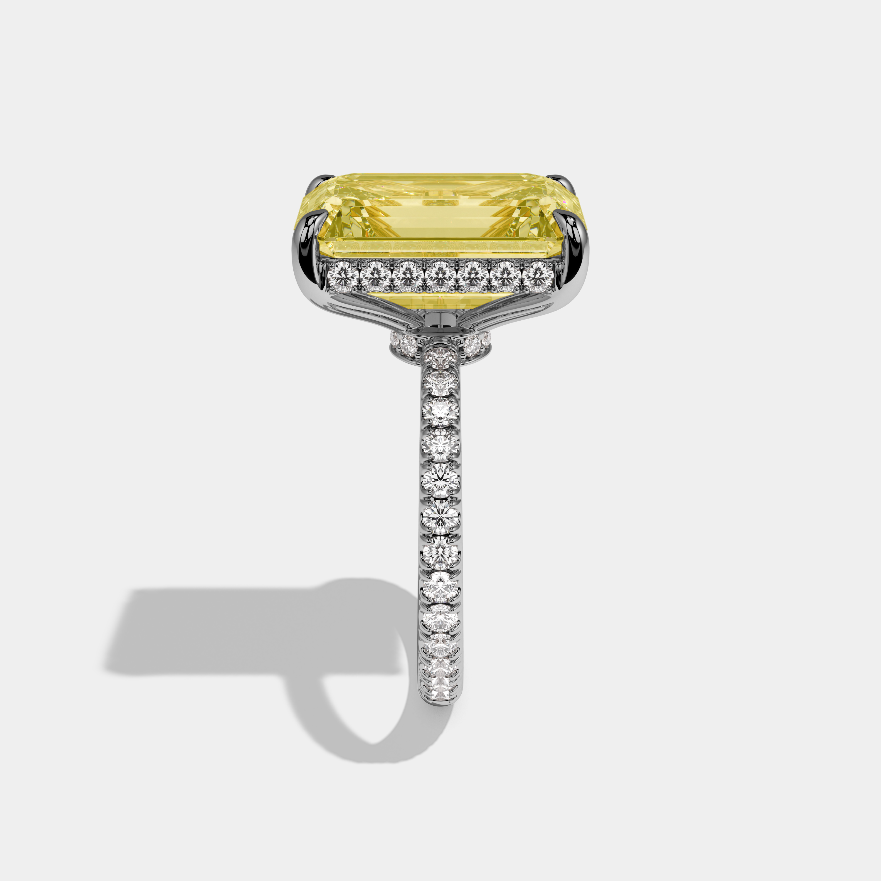 Matilda Fancy Yellow Emerald Cut Diamond Band Hidden Halo Engagement Ring 12ct 18k White Gold