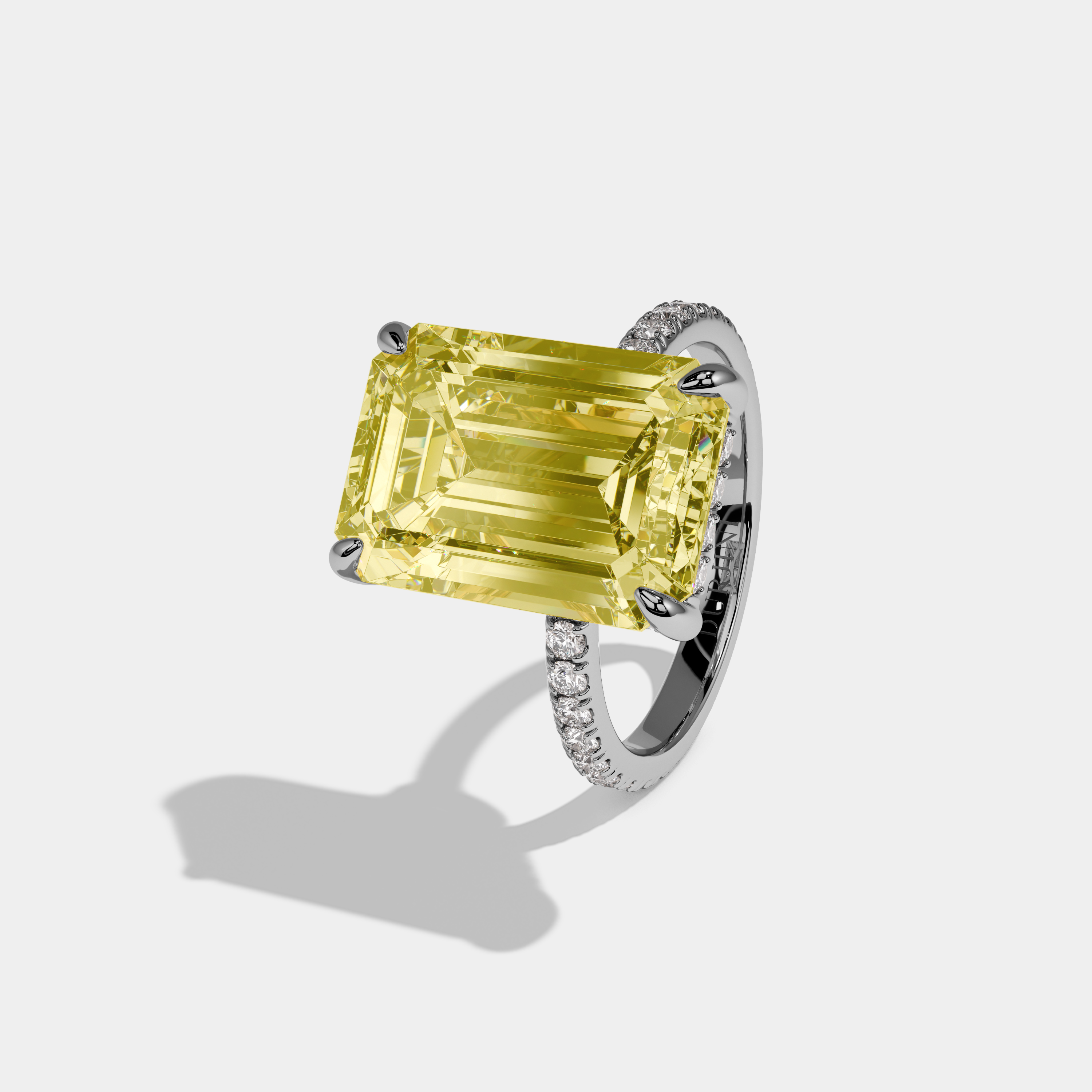 Matilda Fancy Yellow Emerald Cut Diamond Band Hidden Halo Engagement Ring 12ct 18k White Gold