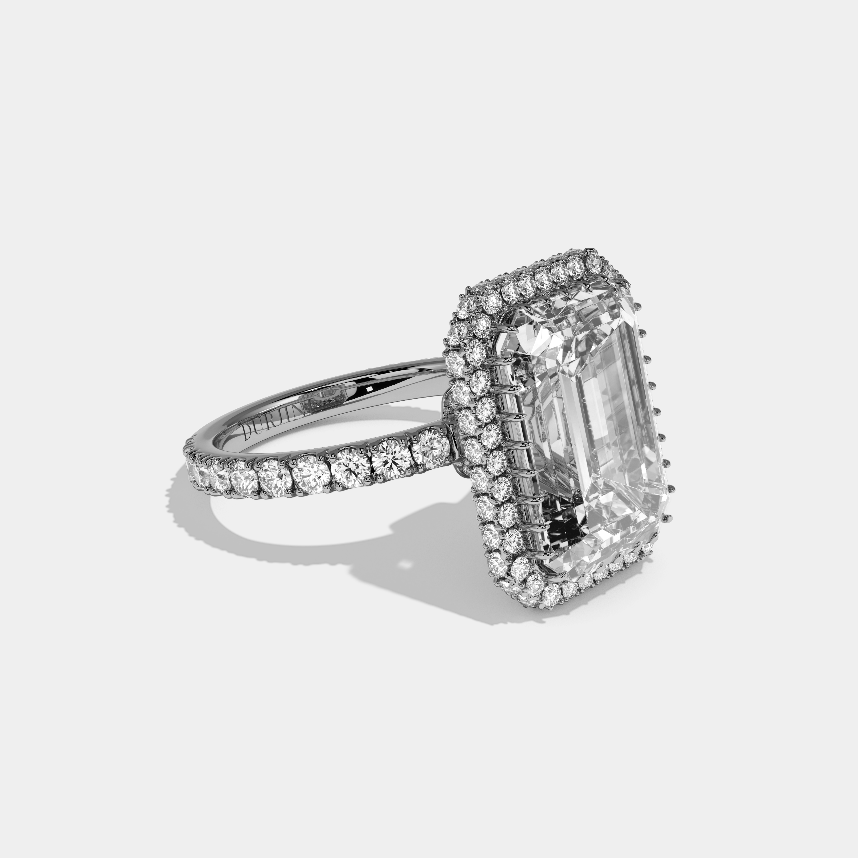 Dorothy Emerald Cut Diamond Band Double Halo Engagement Ring 10ct 18k White Gold