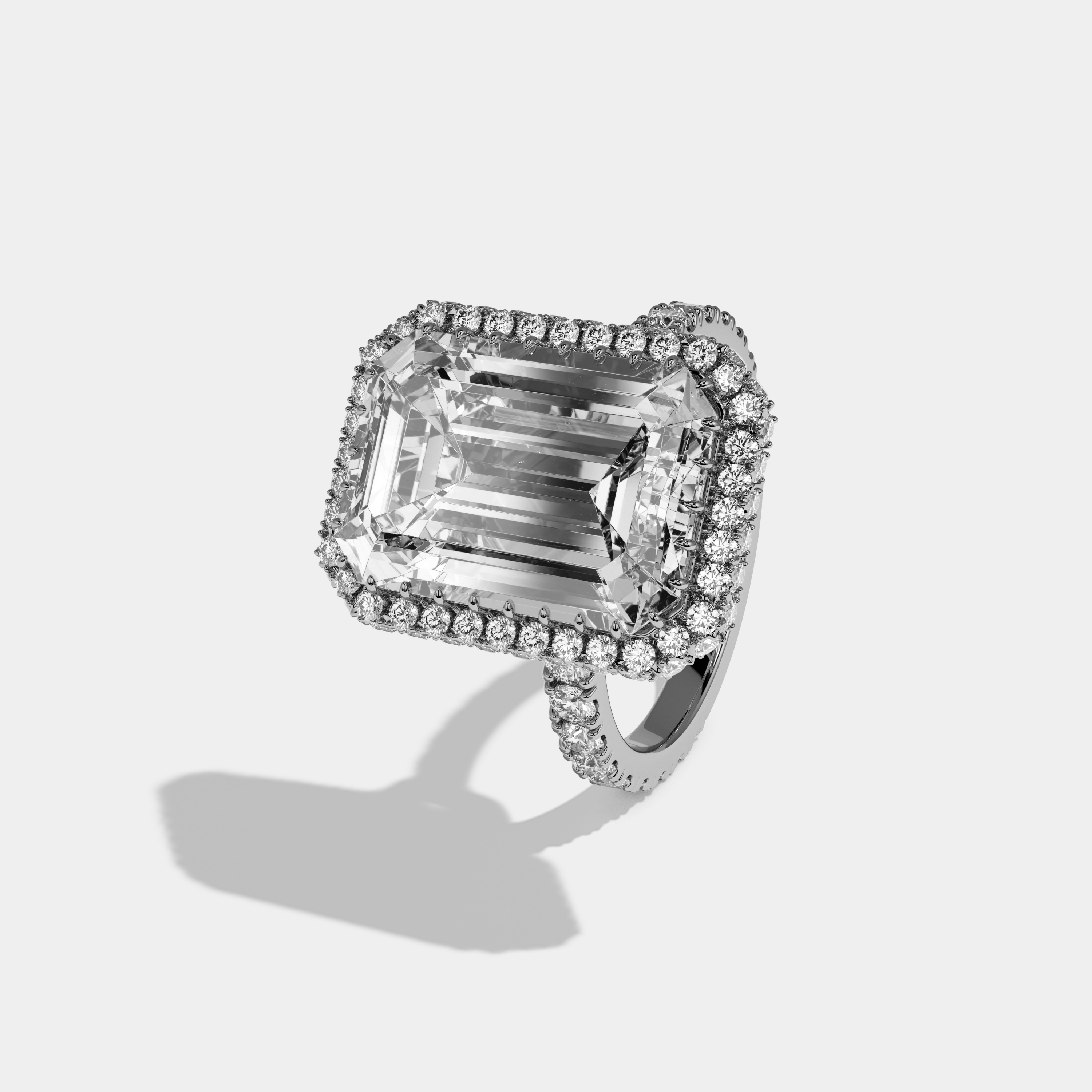 Dorothy Emerald Cut Diamond Band Double Halo Engagement Ring 10ct 18k White Gold