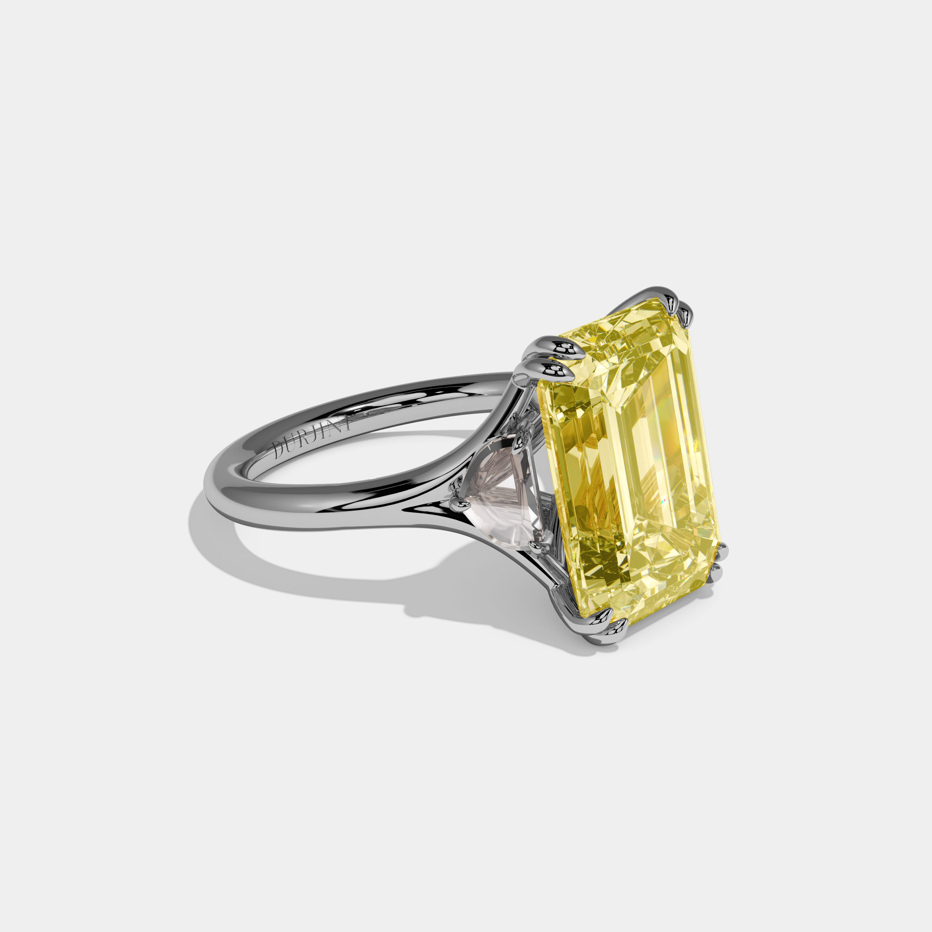 Hilda Fancy Yellow Emerald Cut Diamond Plain Band Engagement Ring 10ct 18k White Gold