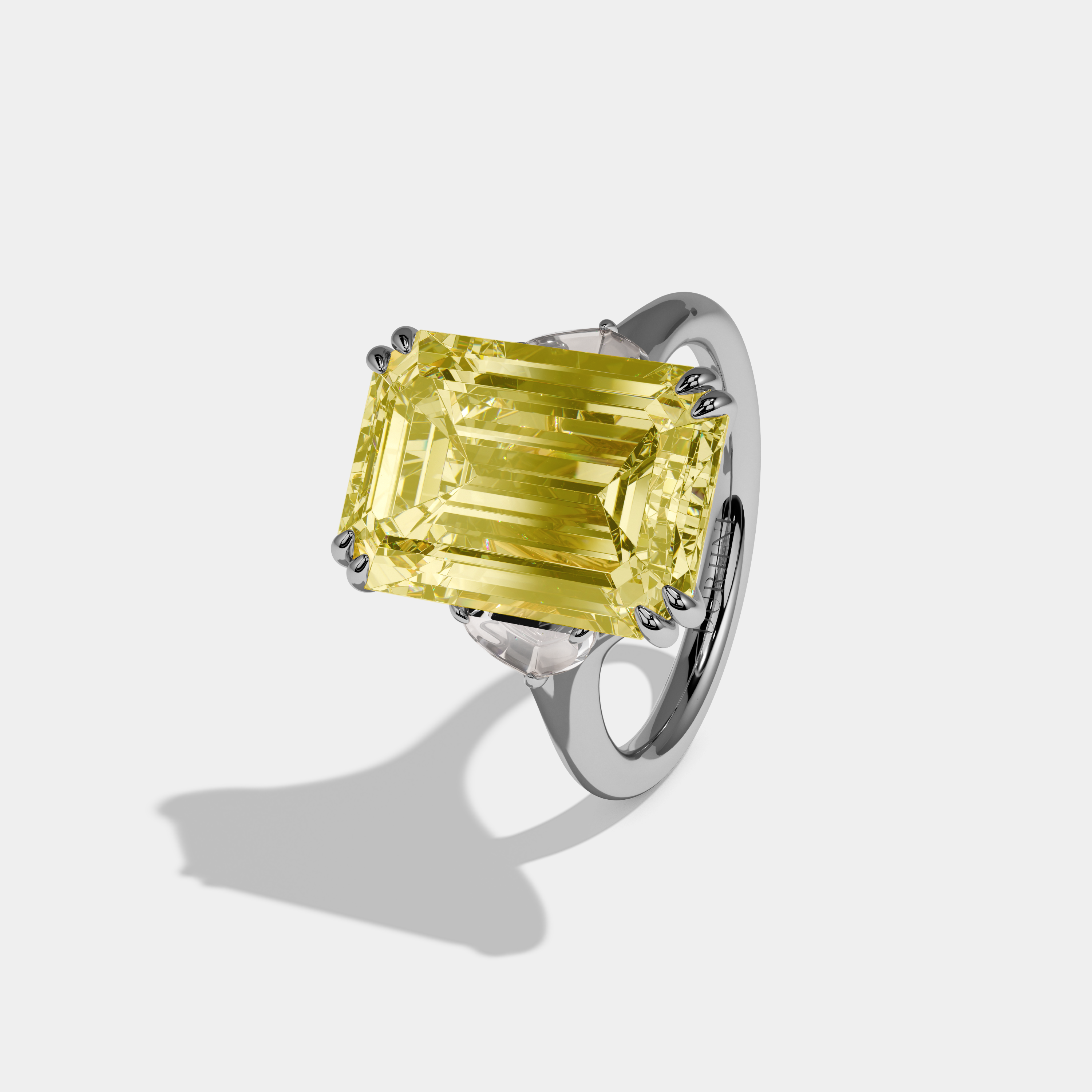 Hilda Fancy Yellow Emerald Cut Diamond Plain Band Engagement Ring 10ct 18k White Gold