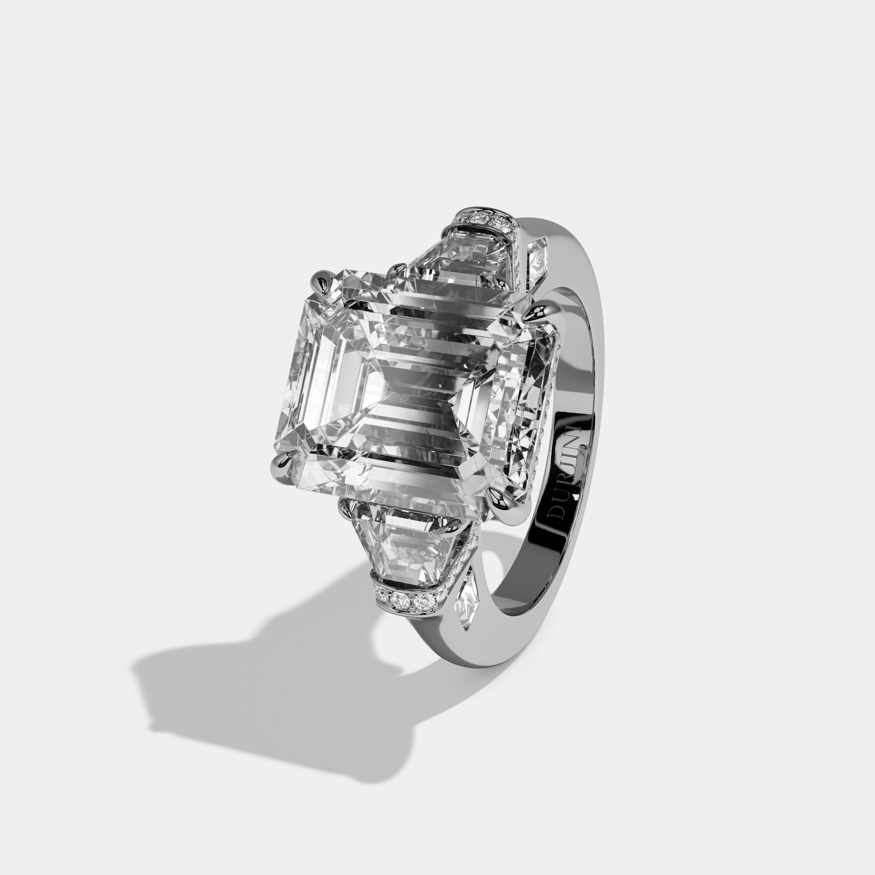 Beryl Emerald Cut Diamond Plain Band With Trapezoid Sides Engagement Ring 10ct 18k White Gold