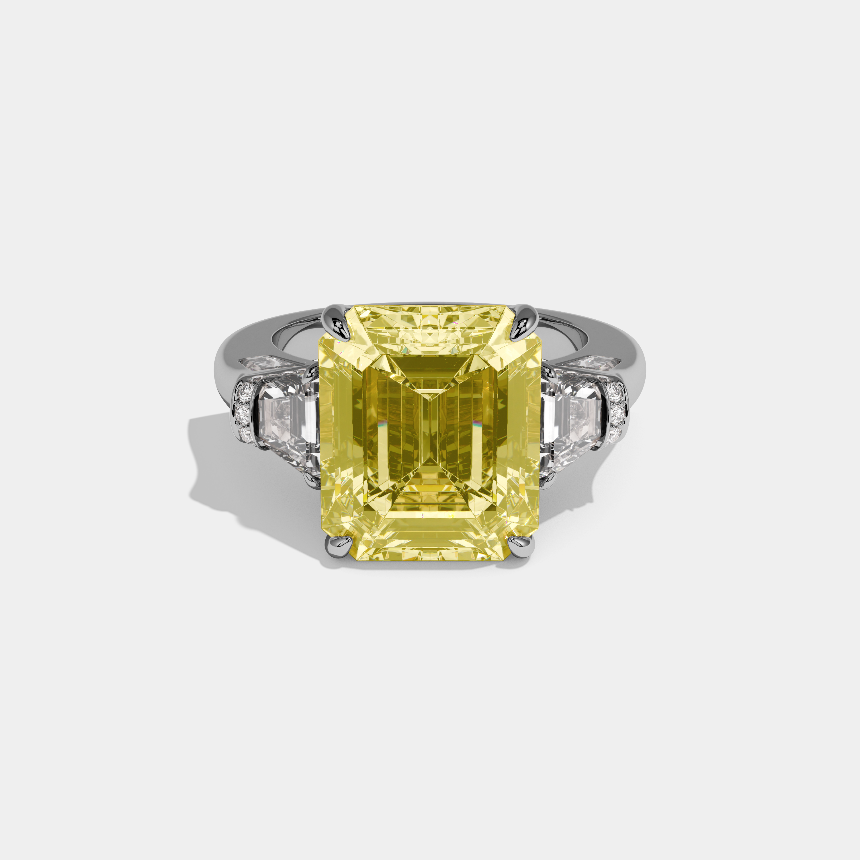 Beryl Fancy Yellow Emerald Cut Diamond Plain Band With Trapezoid Sides Engagement Ring 10ct 18k White Gold