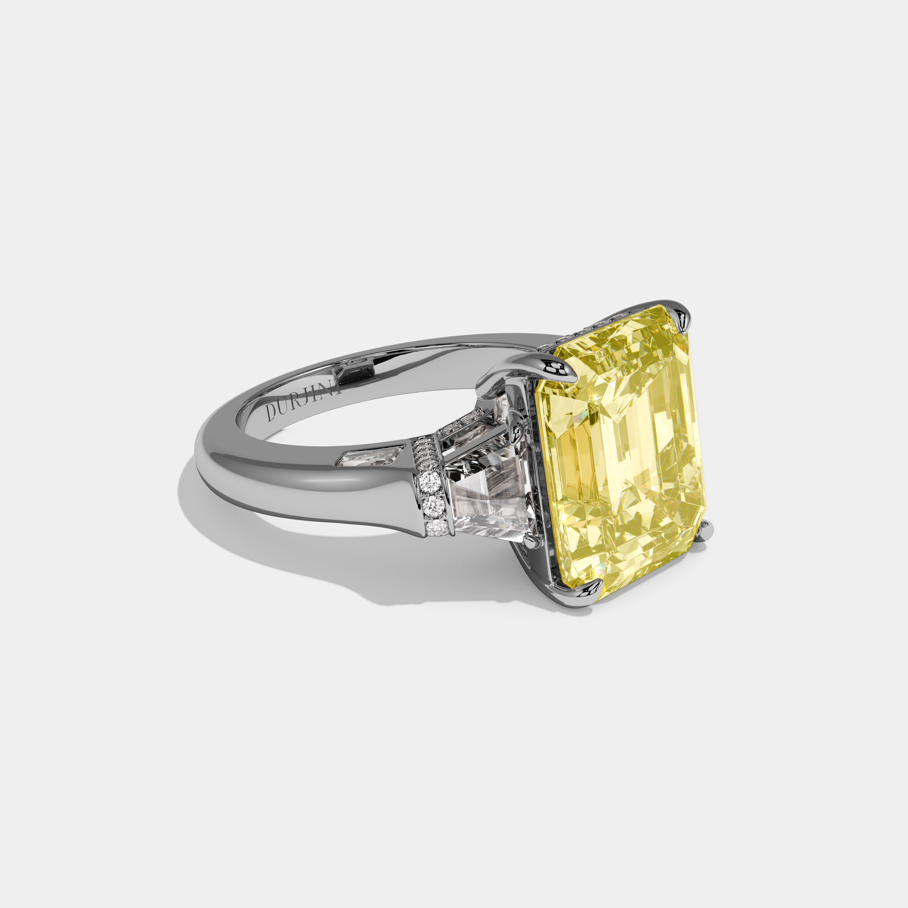 Beryl Fancy Yellow Emerald Cut Diamond Plain Band With Trapezoid Sides Engagement Ring 10ct 18k White Gold