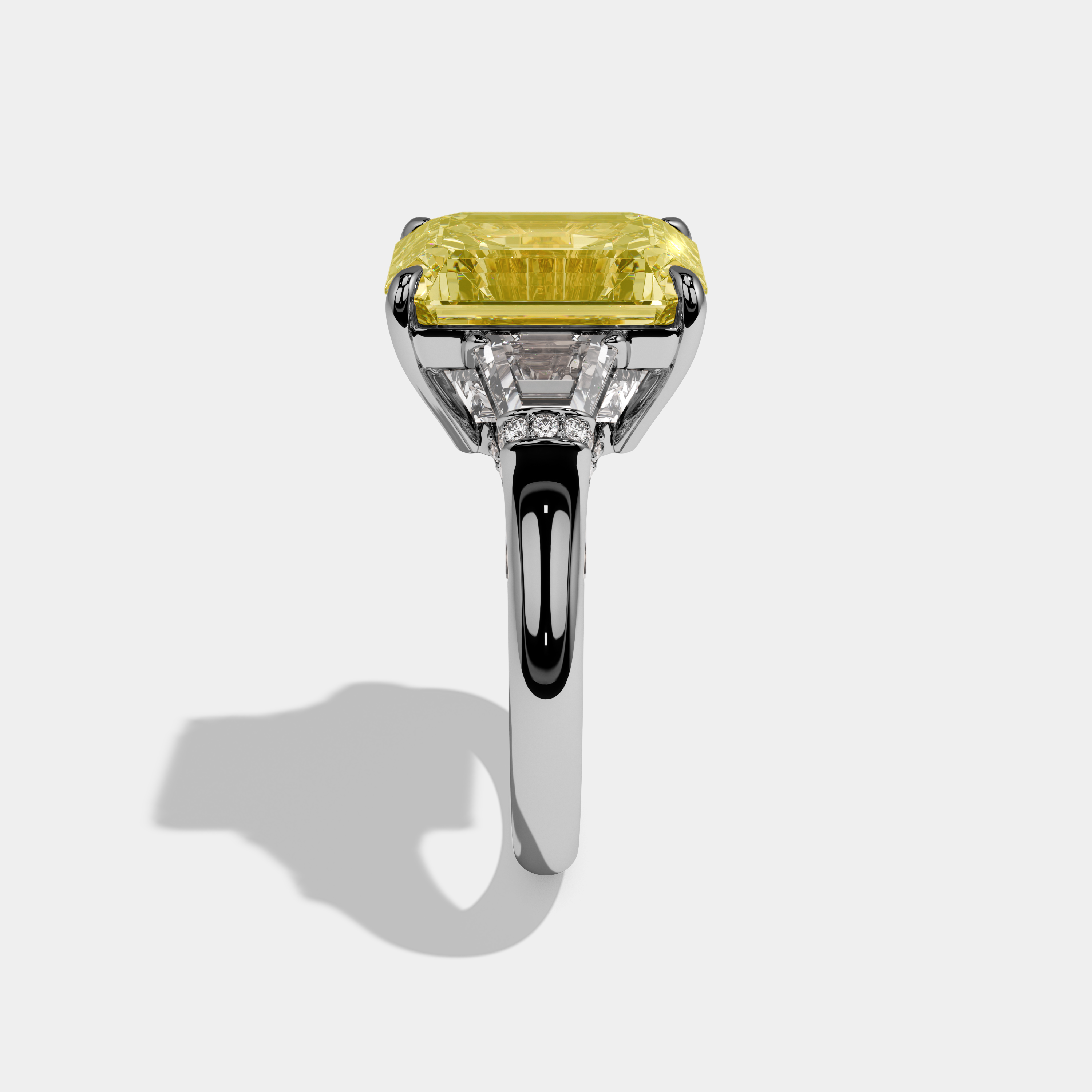 Beryl Fancy Yellow Emerald Cut Diamond Plain Band With Trapezoid Sides Engagement Ring 10ct 18k White Gold
