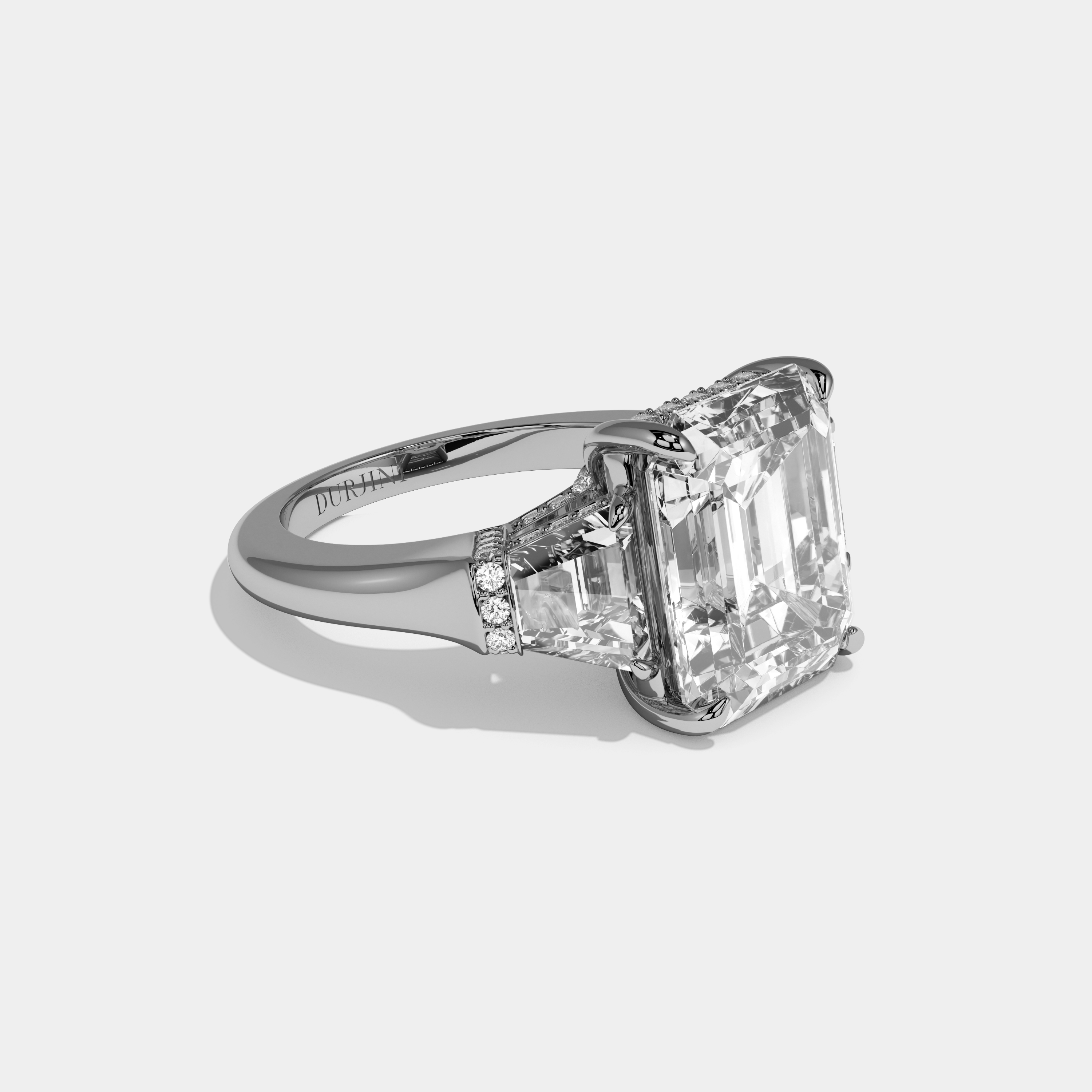 Augusta Emerald Cut Diamond Plain Band With Quad Cut Sides Engagement Ring 10ct 18k White Gold