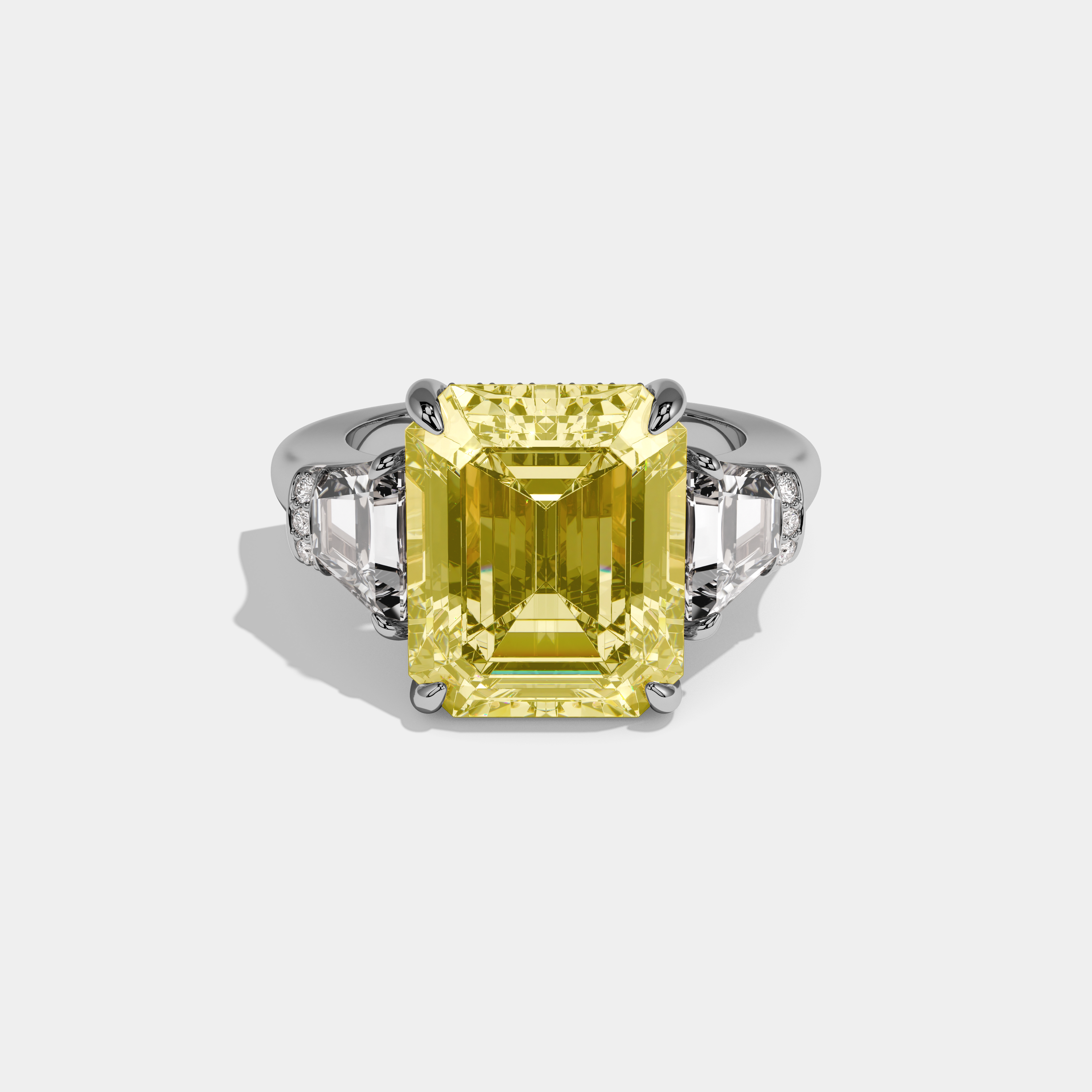 Augusta Fancy Yellow Emerald Cut Diamond Plain Band With Quad Cut Sides Engagement Ring 8ct 18k White Gold