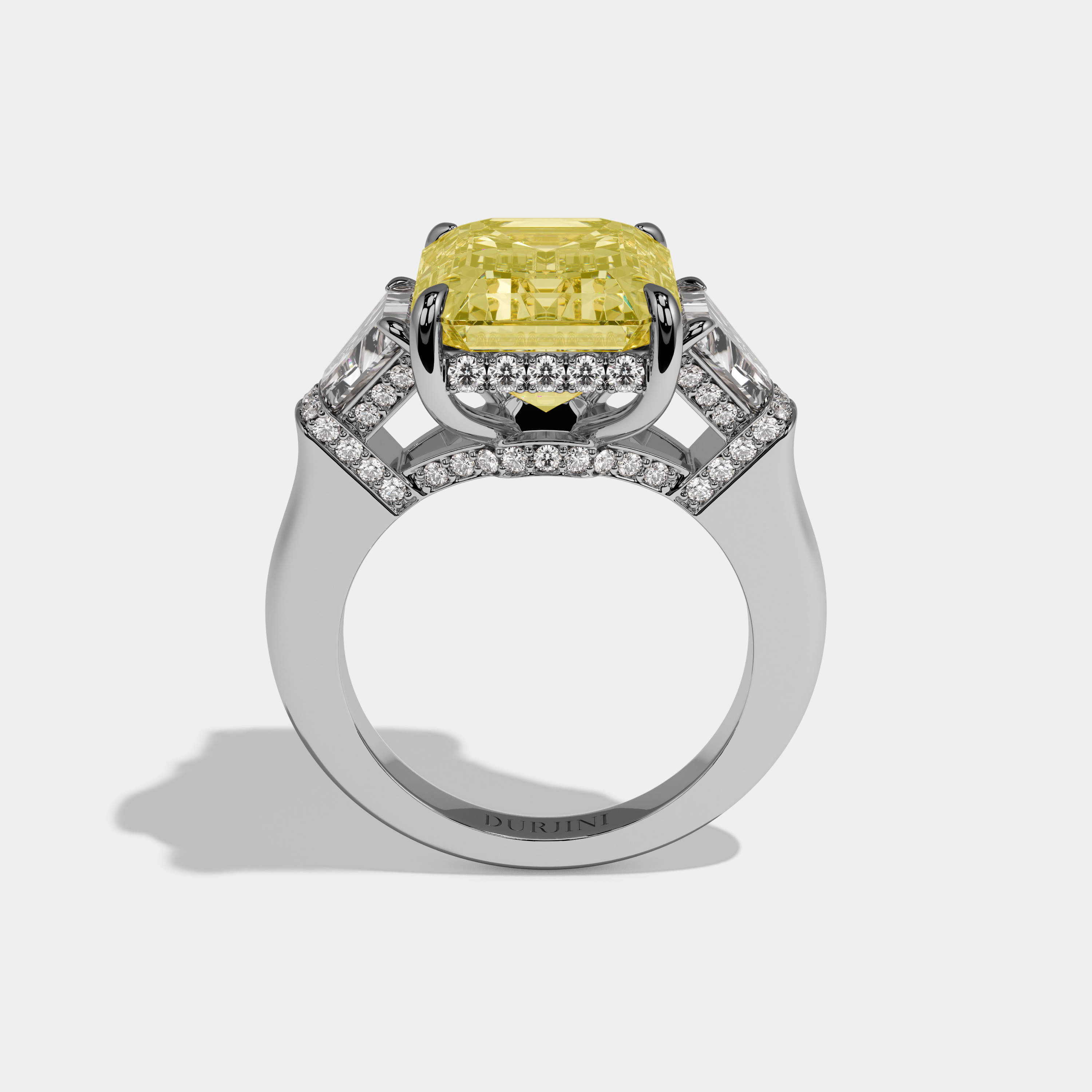 Augusta Fancy Yellow Emerald Cut Diamond Plain Band With Quad Cut Sides Engagement Ring 8ct 18k White Gold