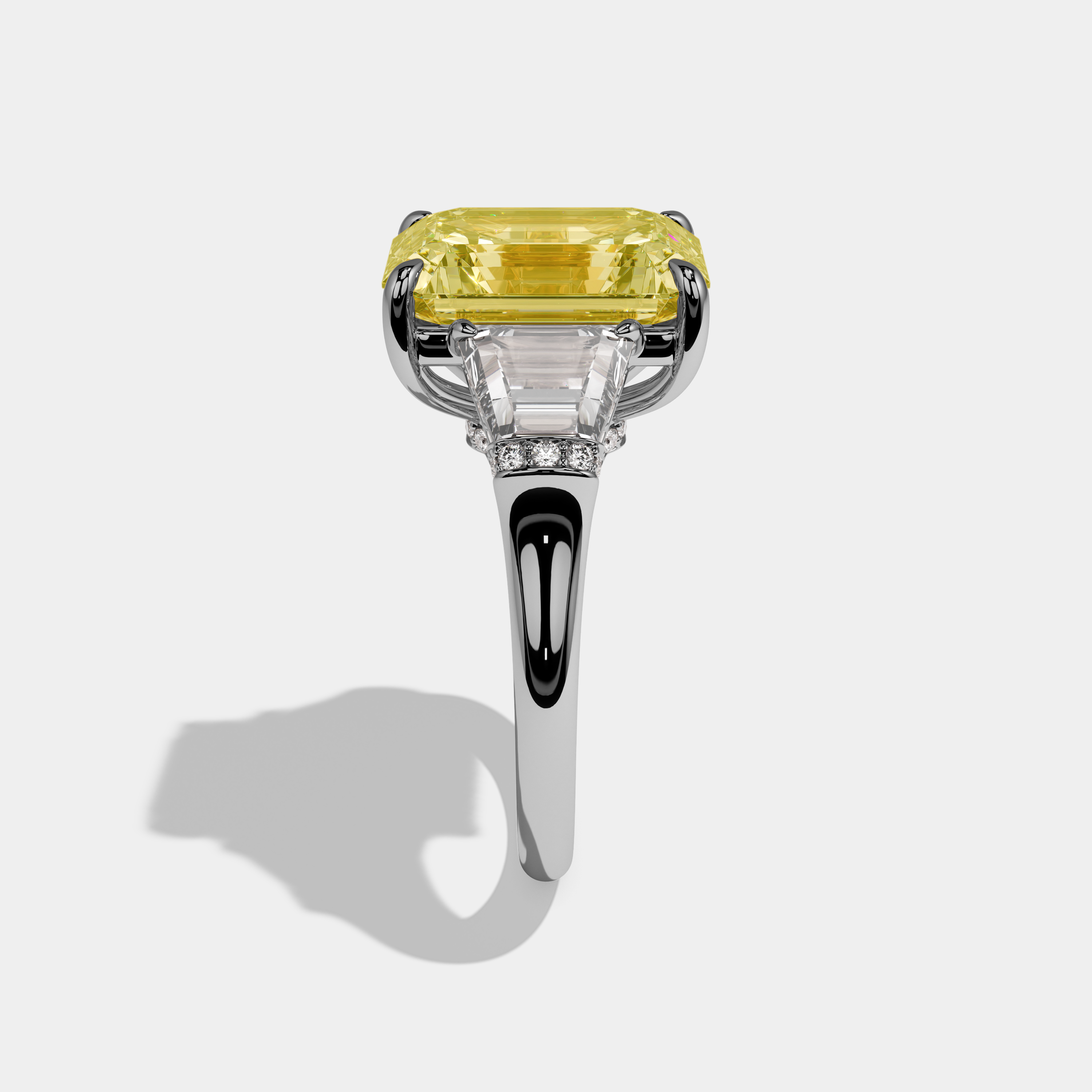 Augusta Fancy Yellow Emerald Cut Diamond Plain Band With Quad Cut Sides Engagement Ring 8ct 18k White Gold