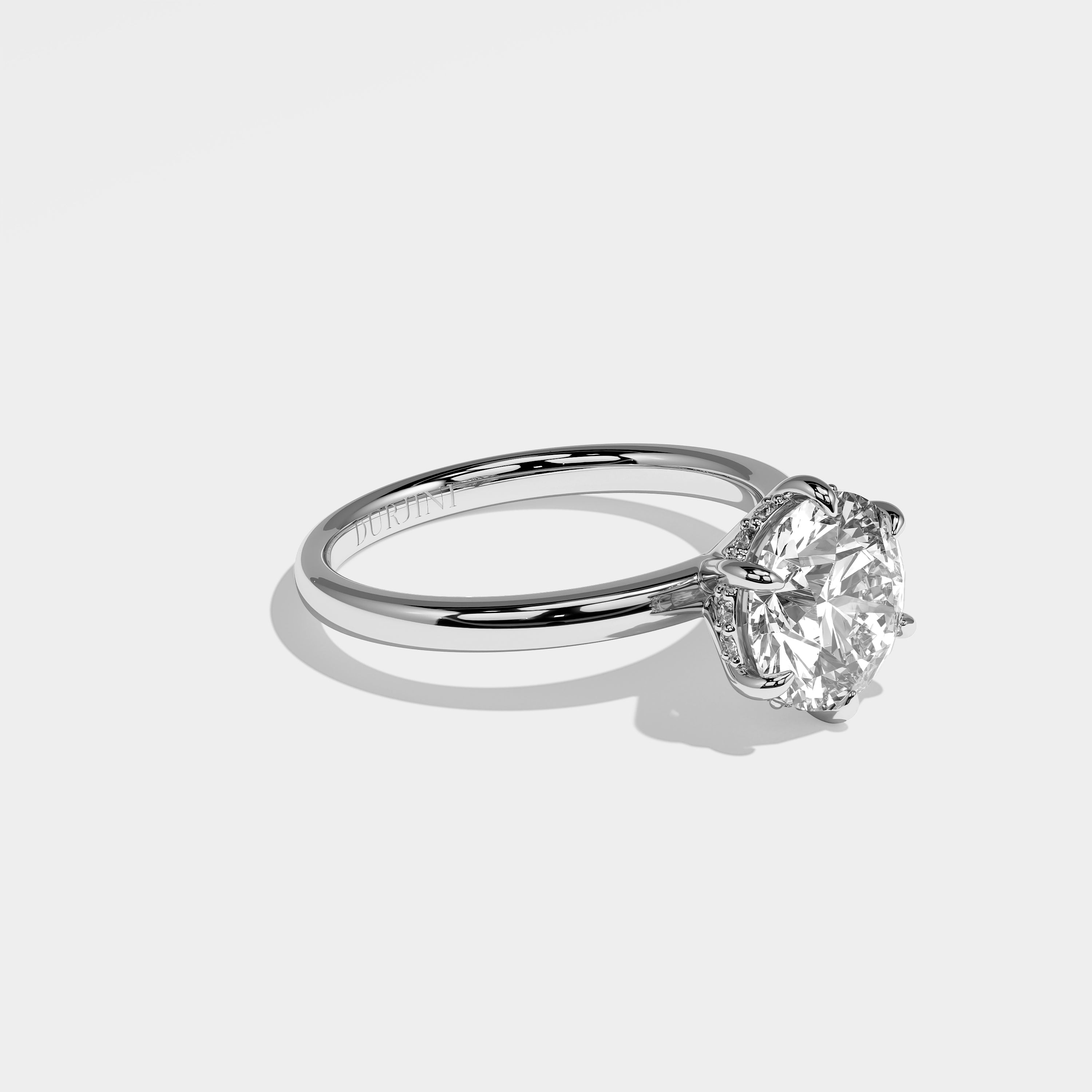 Dinesty round brilliant diamond engagement ring in 18K white gold by Kurbãni Durjini, right view