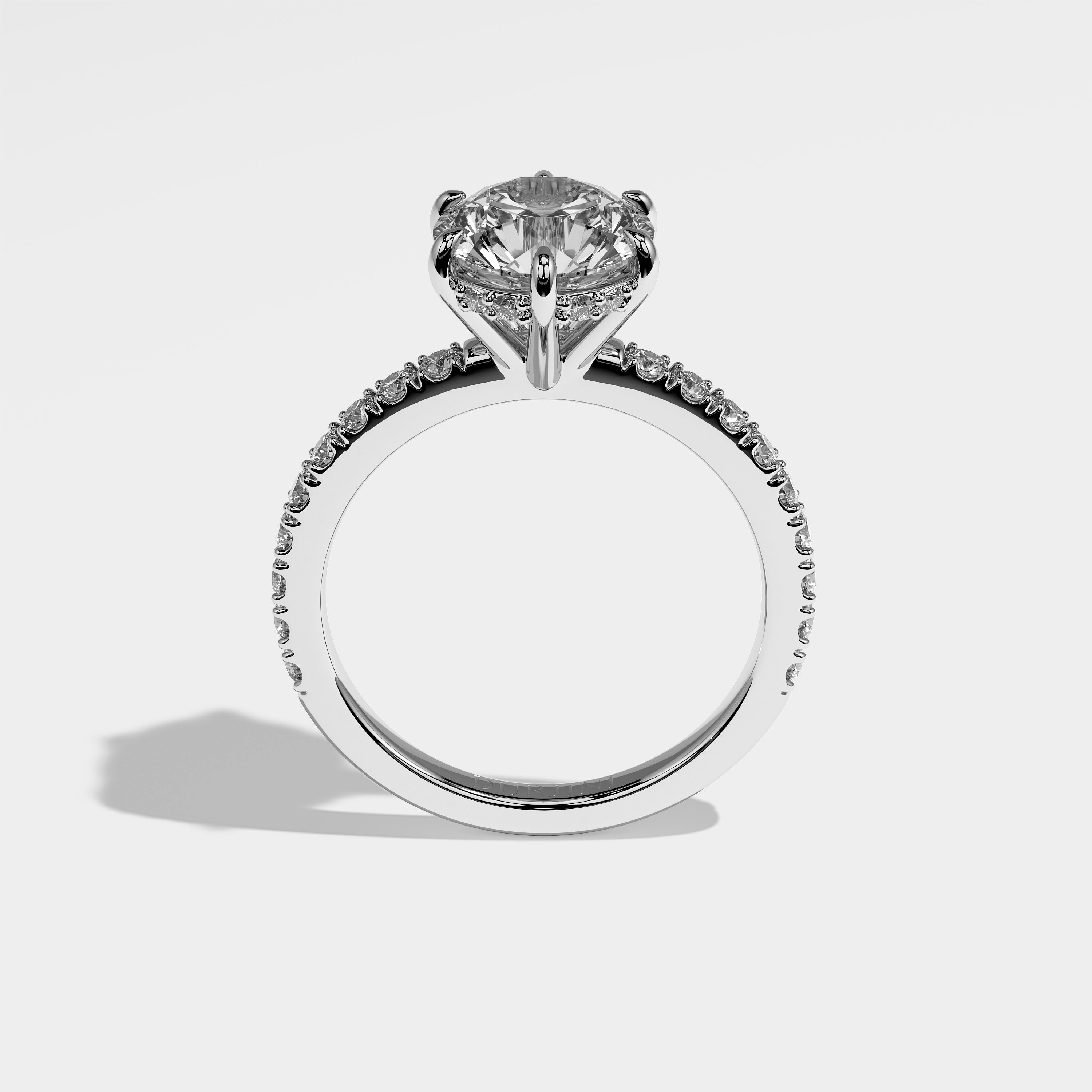 Moon round brilliant halo diamond engagement ring in 18K white gold by Kurbãni Durjini, full view