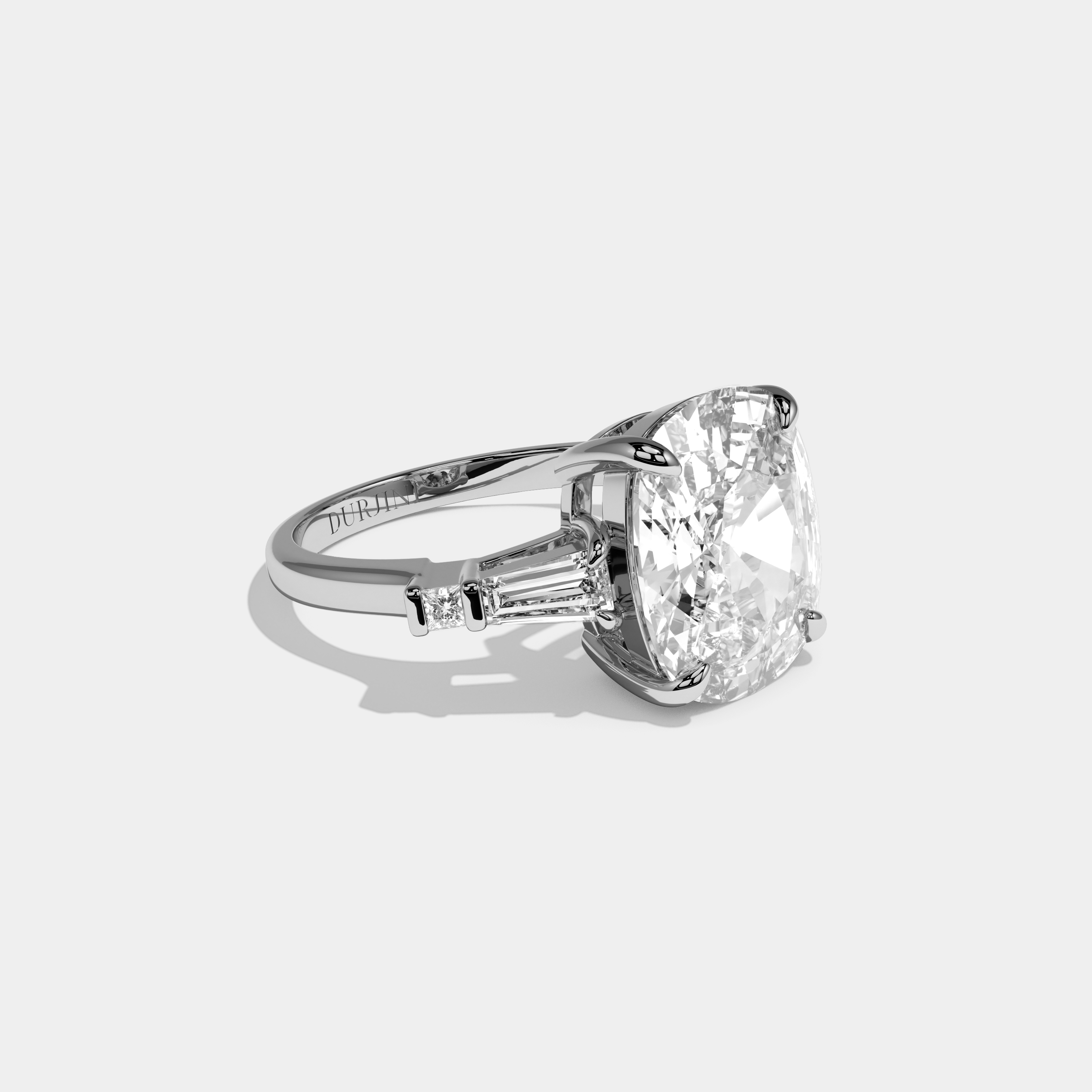 Nova Cushion Brilliant Cut Diamond With Baguette Sides Plain Band Engagement Ring 10ct 18k White Gold