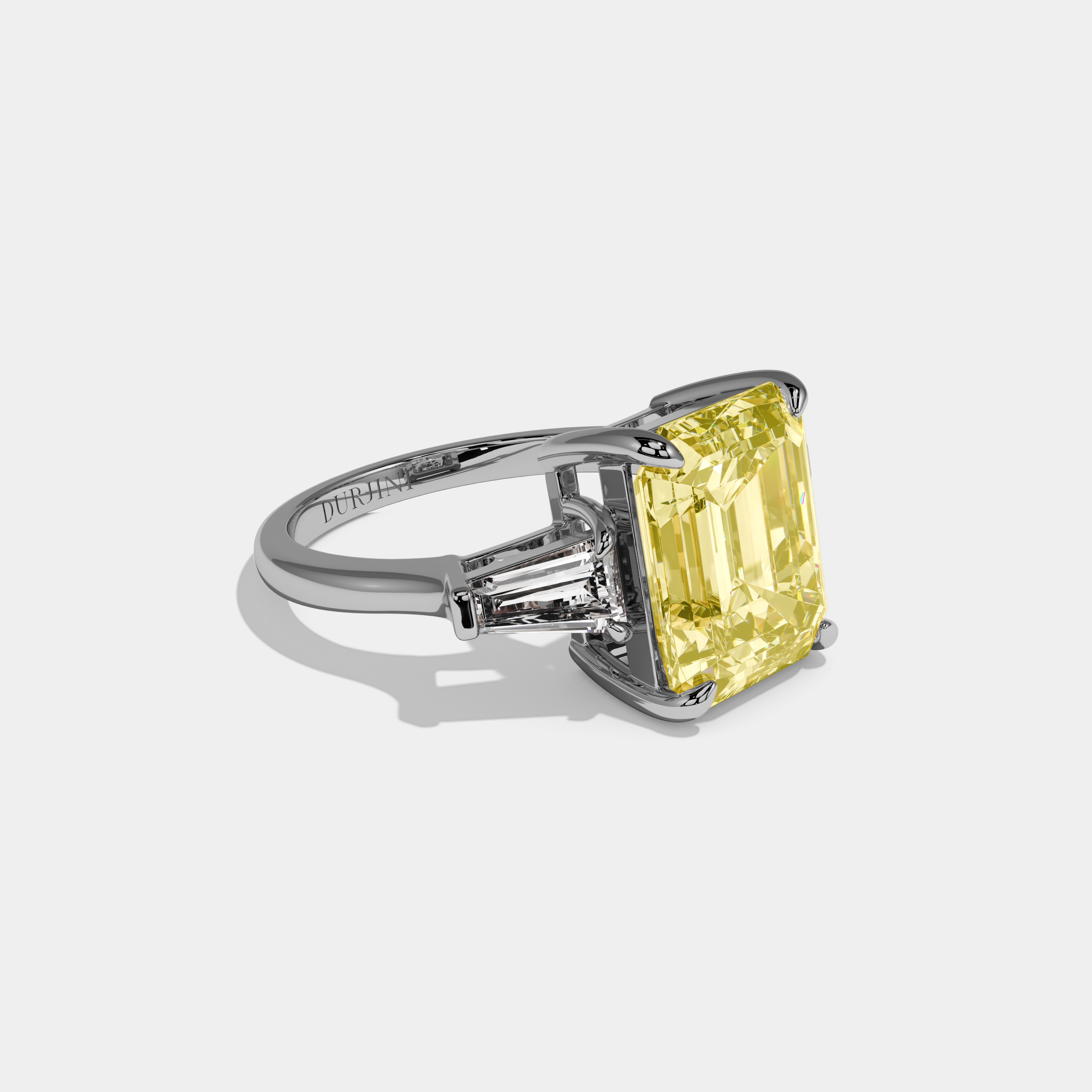 Clara Fancy Yellow Emerald Cut Diamond Plain Band With Tapered Baguette Cut Sides Engagement Ring 8ct 18k White Gold