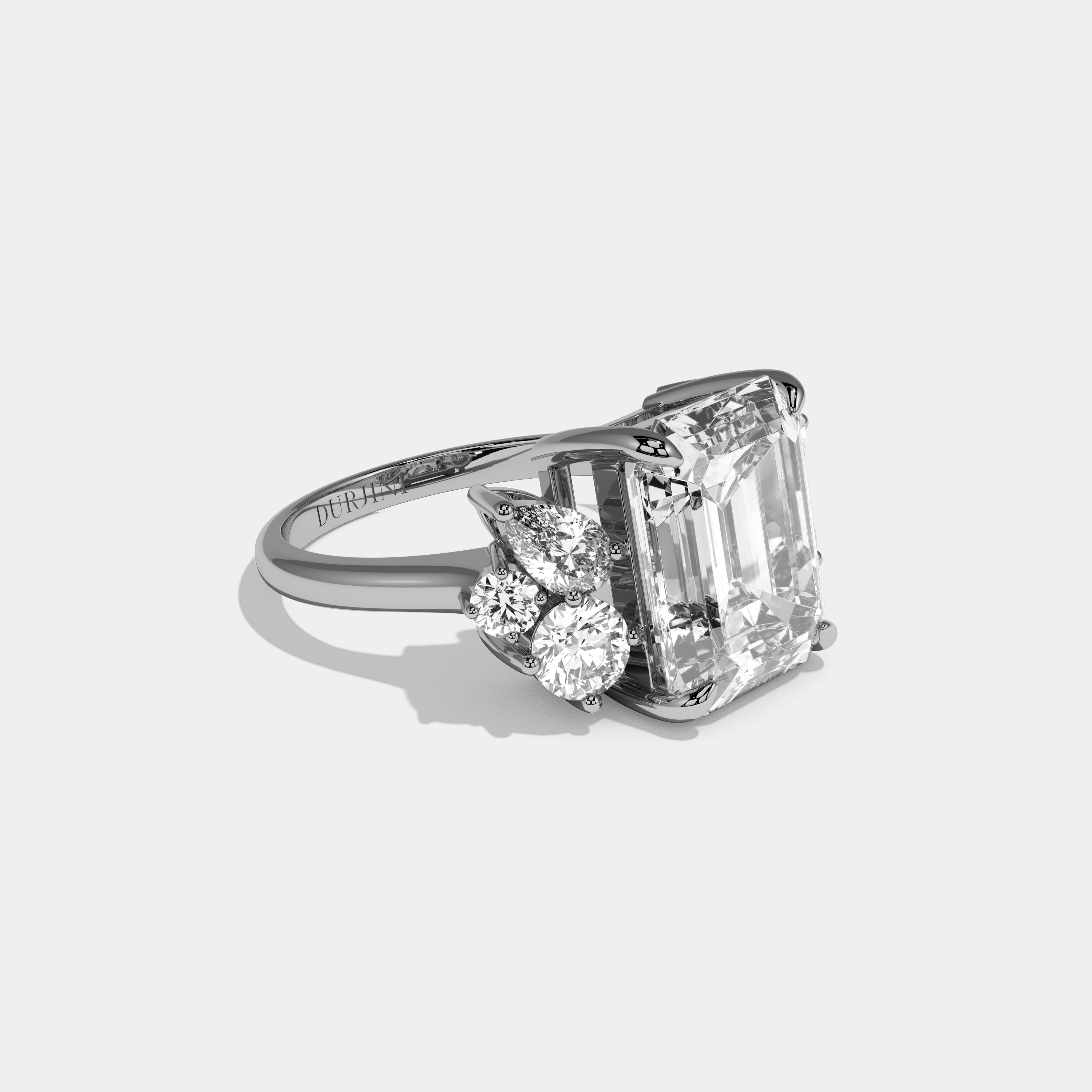 Minnie Emerald Cut Diamond Plain Band With Round Cut Sides Engagement Ring 10ct 18k White Gold