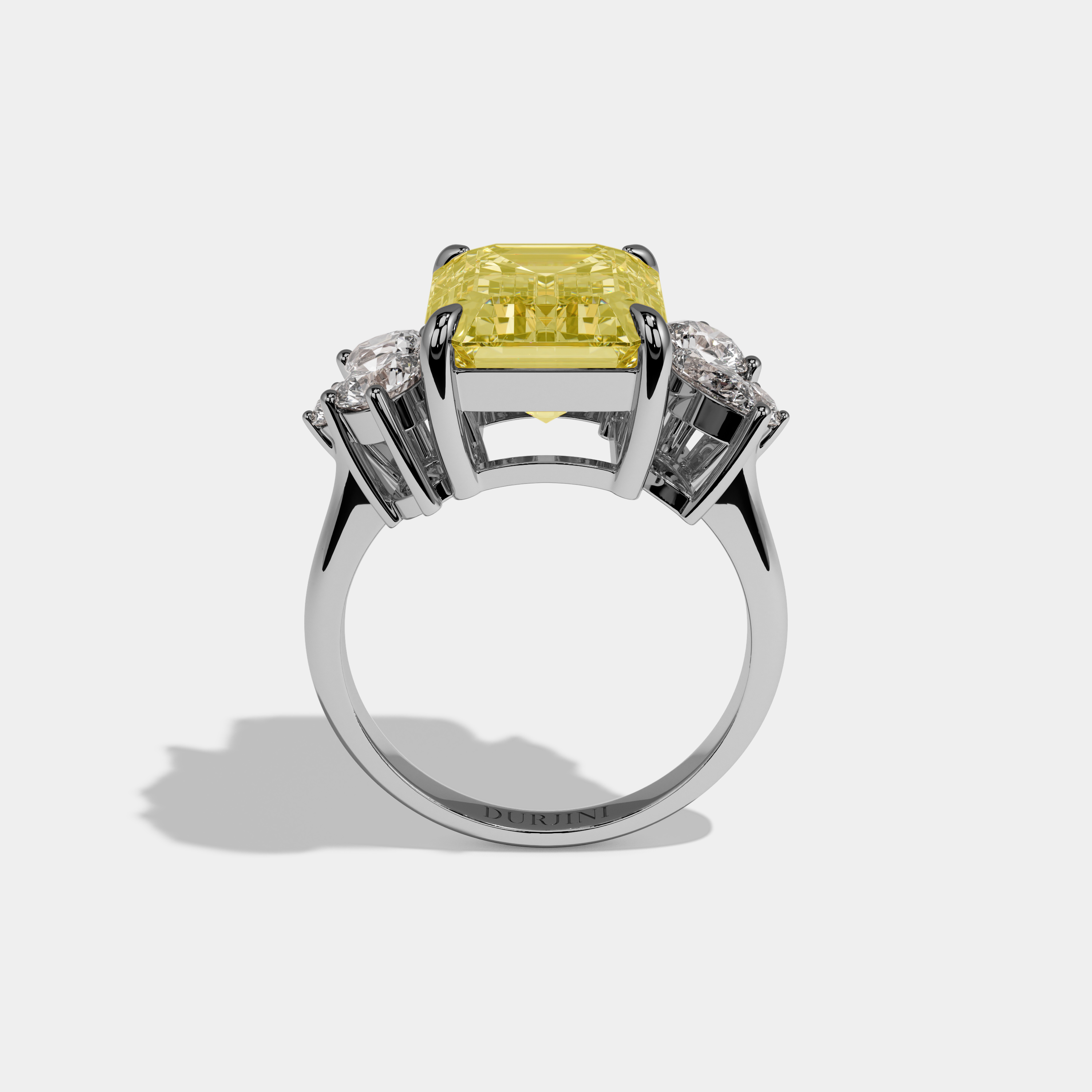 Minnie Fancy Yellow Emerald Cut Diamond Plain Band With Round Cut Sides Engagement Ring 10ct 18k White Gold