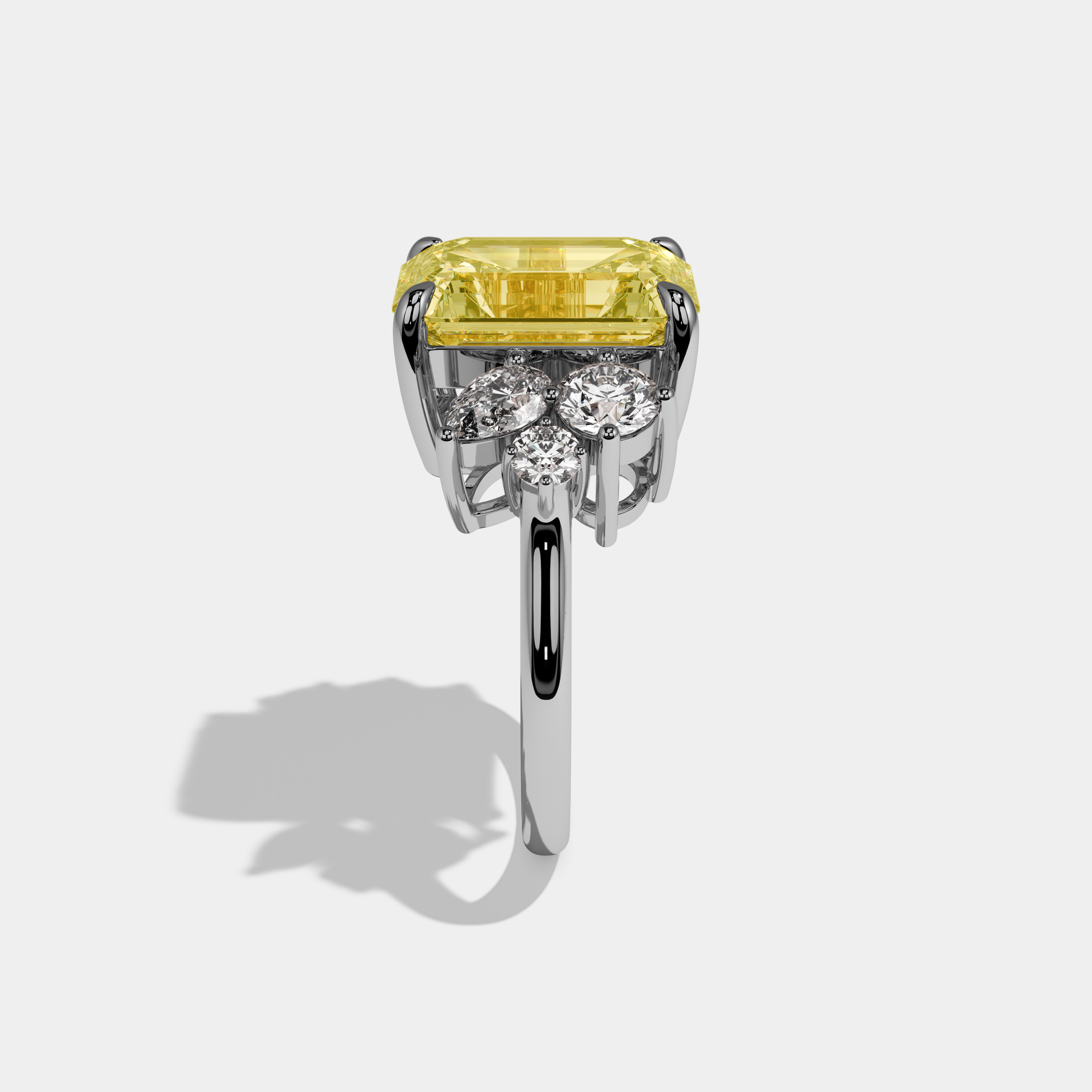 Minnie Fancy Yellow Emerald Cut Diamond Plain Band With Round Cut Sides Engagement Ring 10ct 18k White Gold