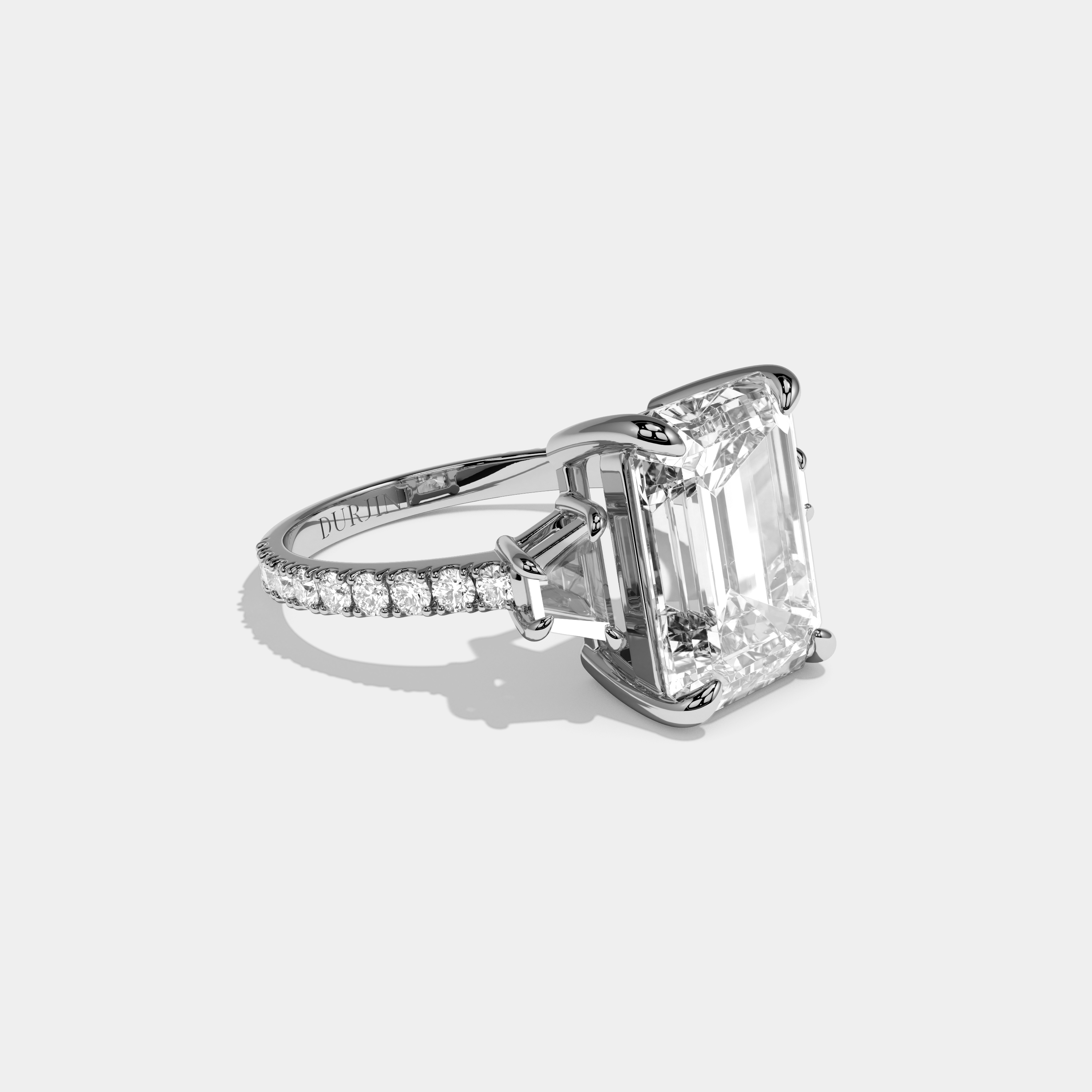 Ariana Emerald Cut Diamond With Trapezoid Cut Sides and Diamond Band Engagement Ring 10ct 18k White Gold