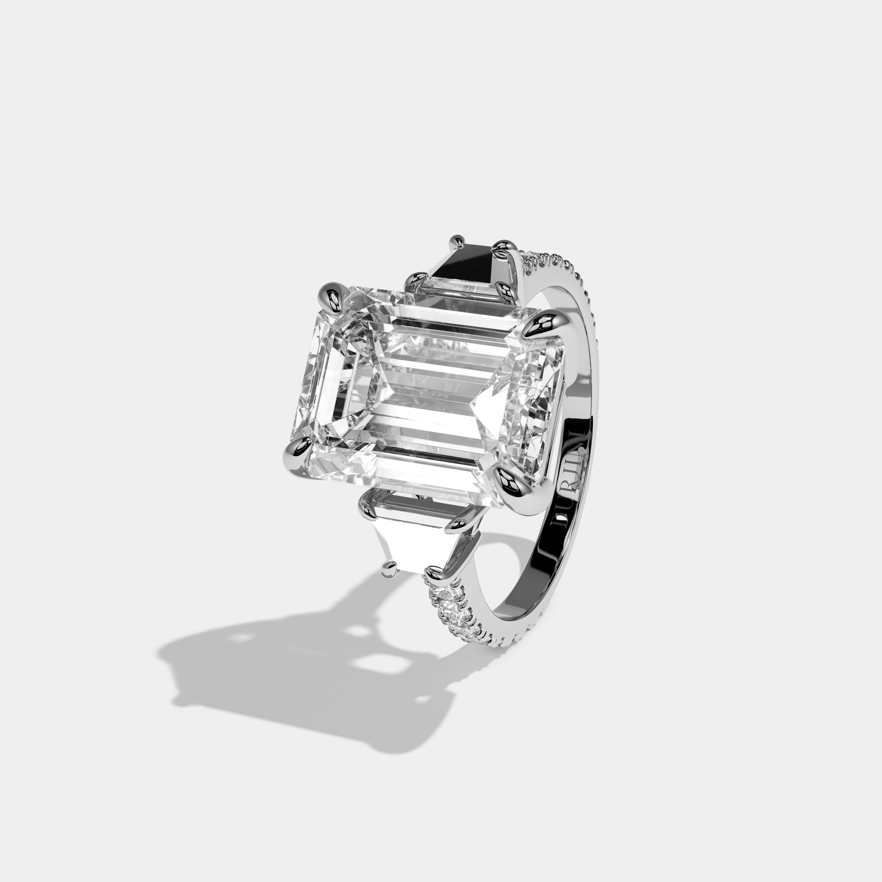 Ariana Emerald Cut Diamond With Trapezoid Cut Sides and Diamond Band Engagement Ring 10ct 18k White Gold