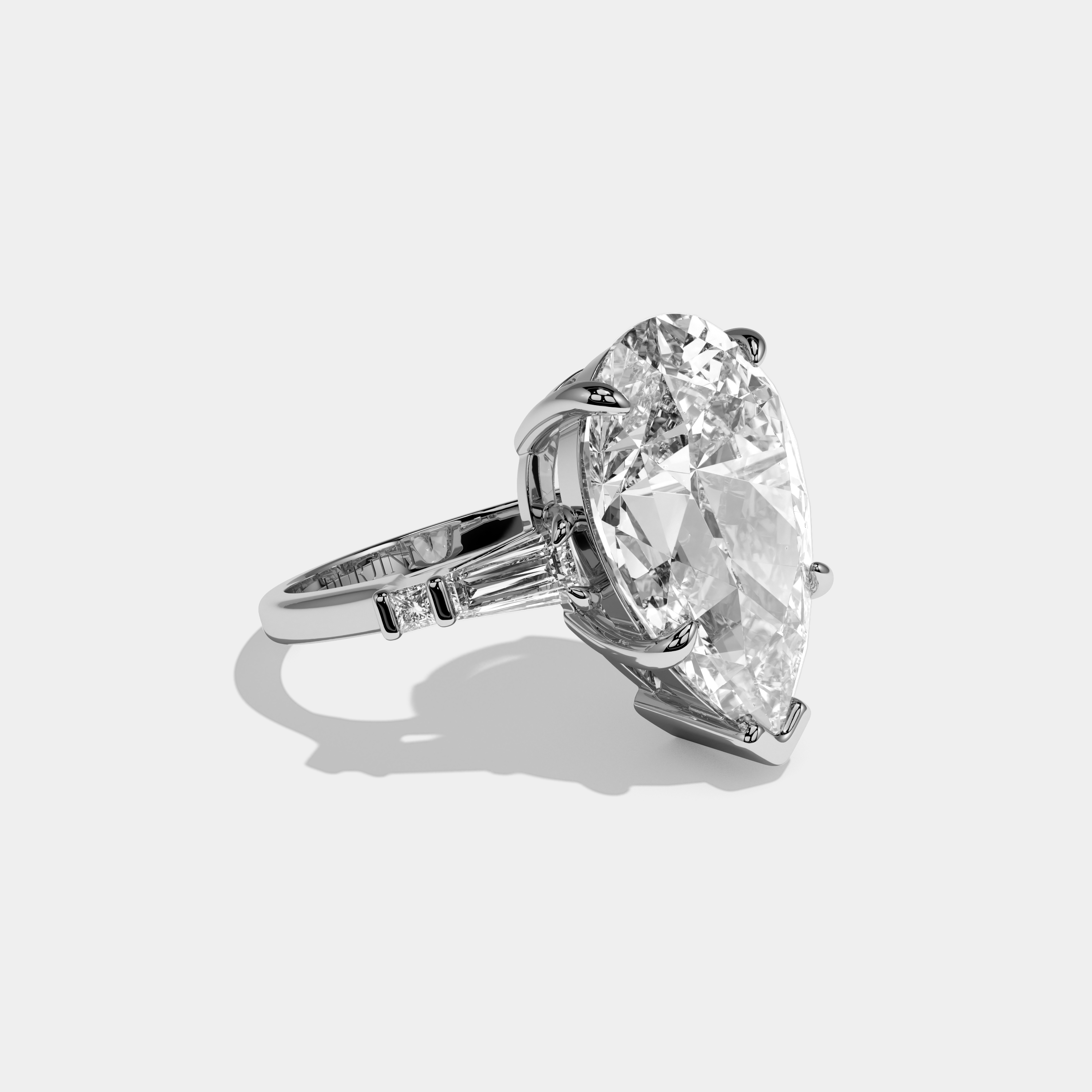 Gianna Pear Cut Diamond Plain Band With Baguette Side Engagement Ring 10ct 18k White Gold