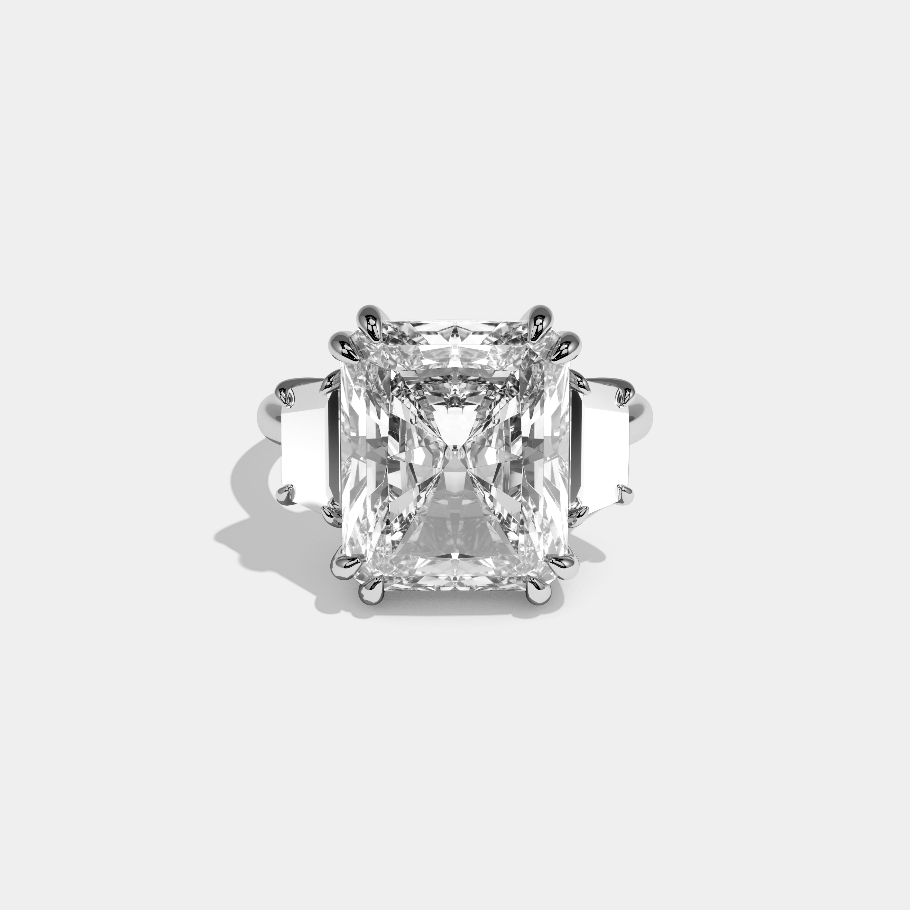 Lydia Radiant Cut Diamond Halo Plain Band With Trapezoid Side Diamond Engagement Ring 10ct 18k White Gold