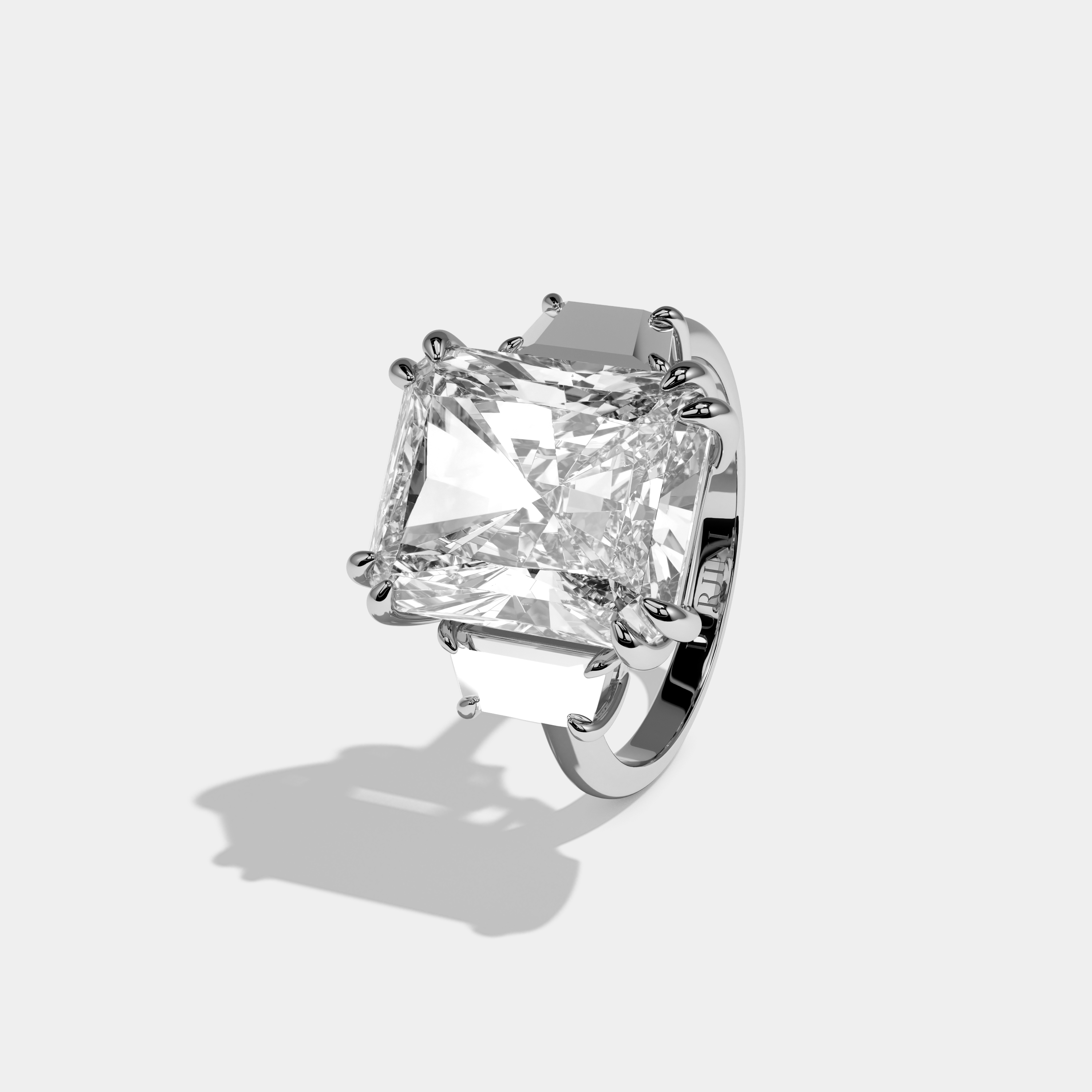 Lydia Radiant Cut Diamond Halo Plain Band With Trapezoid Side Diamond Engagement Ring 10ct 18k White Gold